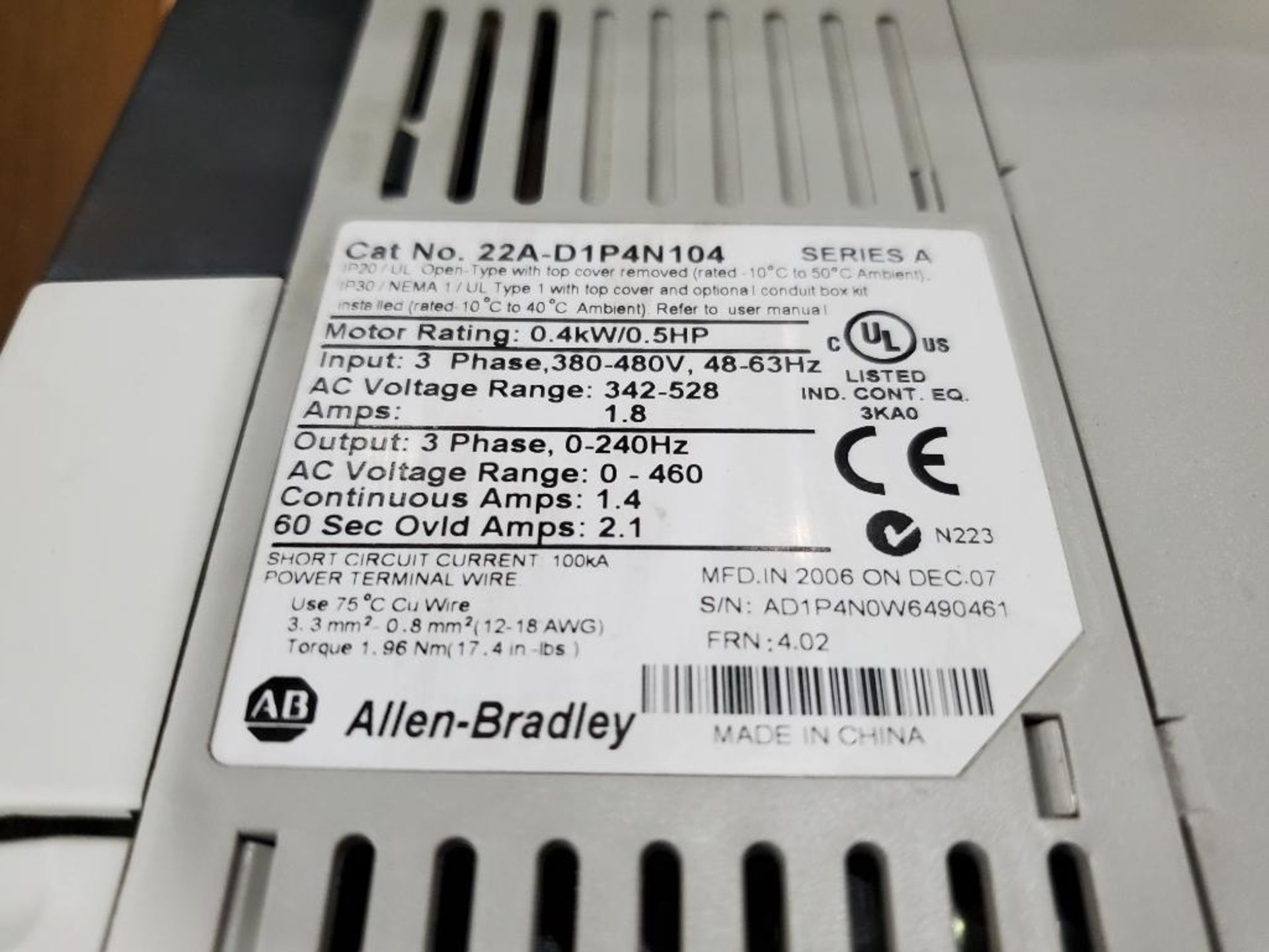 Qty 2 - Allen Bradley Powerflex 4 drive. Catalog 22A-D1P4N104. - Image 4 of 6