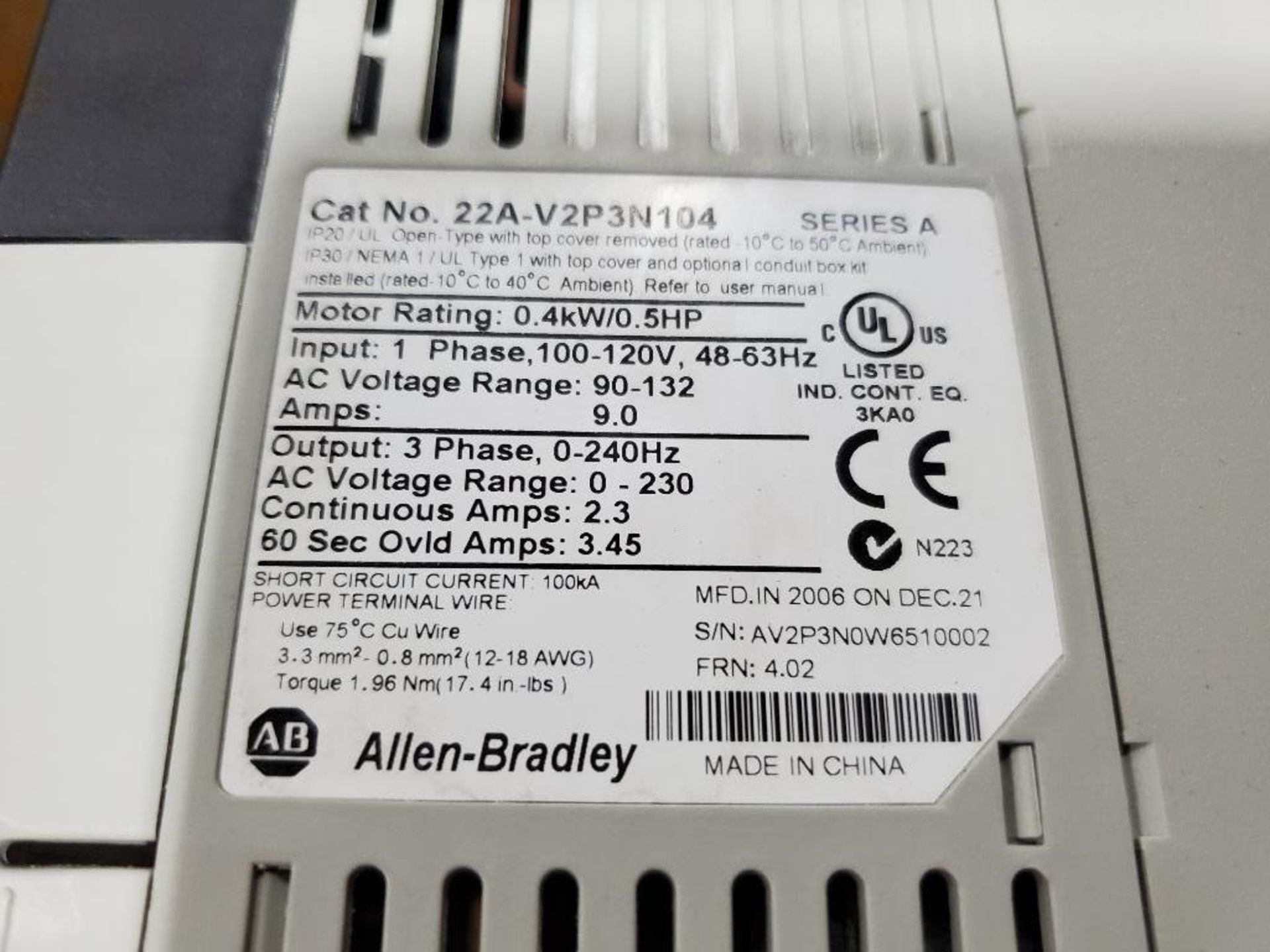 Qty 2 - Allen Bradley Powerflex 4 drive. Catalog 22A-D1P4N104. - Image 3 of 5
