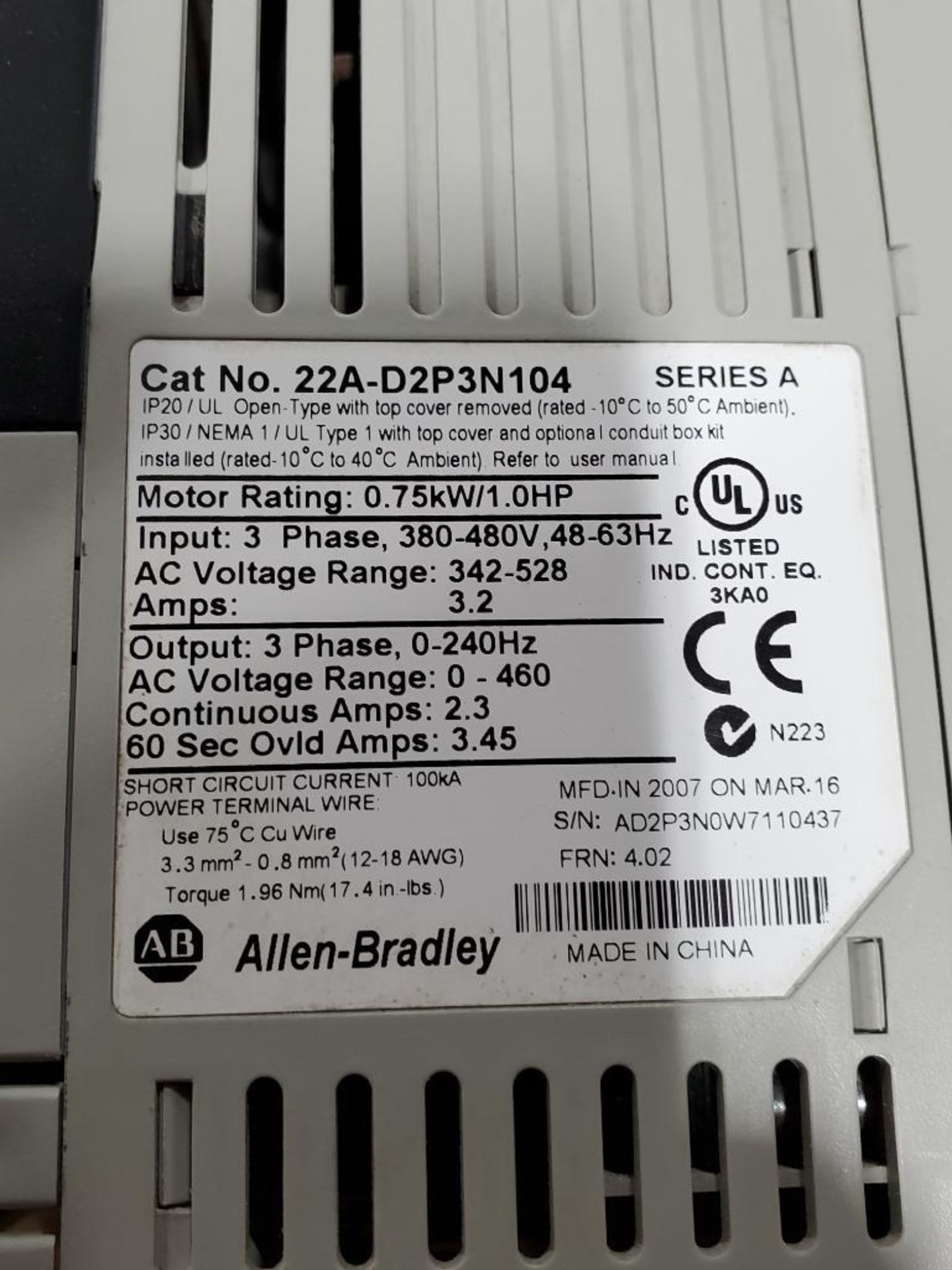 Allen Bradley Powerflex 4 drive. Catalog 22A-D2P3N104. - Image 4 of 7