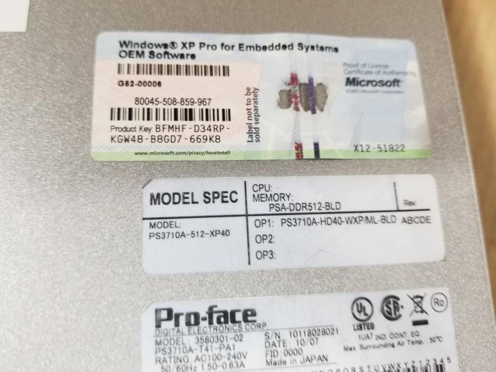 ProFace human machine interface. Model number 3580301-02. Part number PS3710A-T41-PA1. - Image 11 of 11