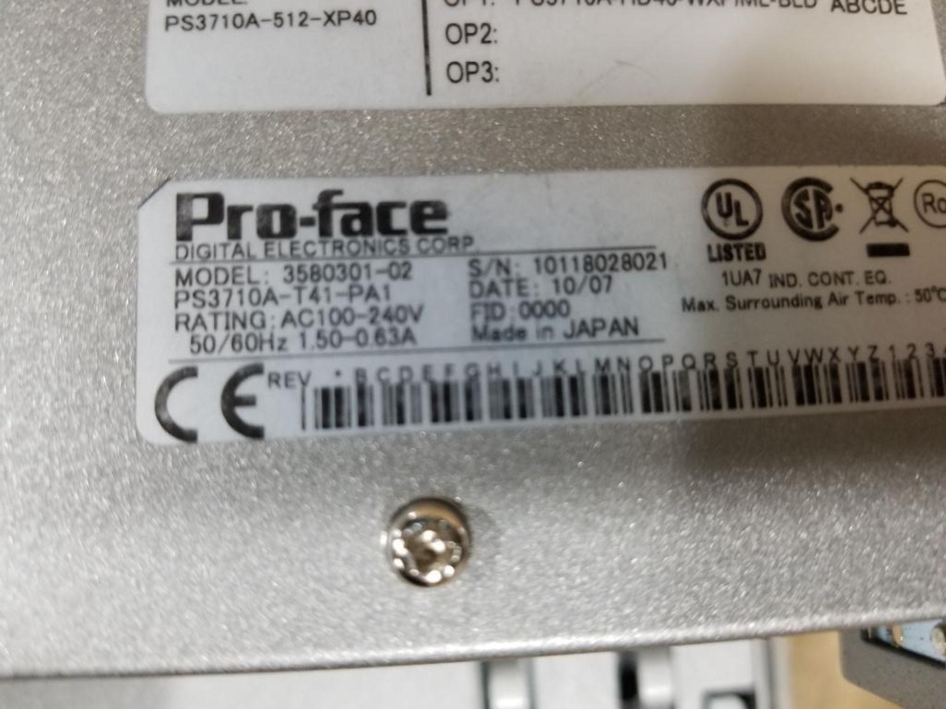 ProFace human machine interface. Model number 3580301-02. Part number PS3710A-T41-PA1. - Image 10 of 11