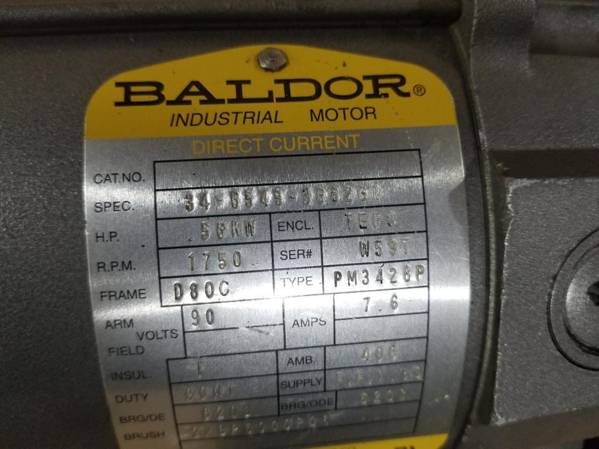 .56kW Baldor motor. 90v. 1750rpm, D80C frame. - Image 3 of 5