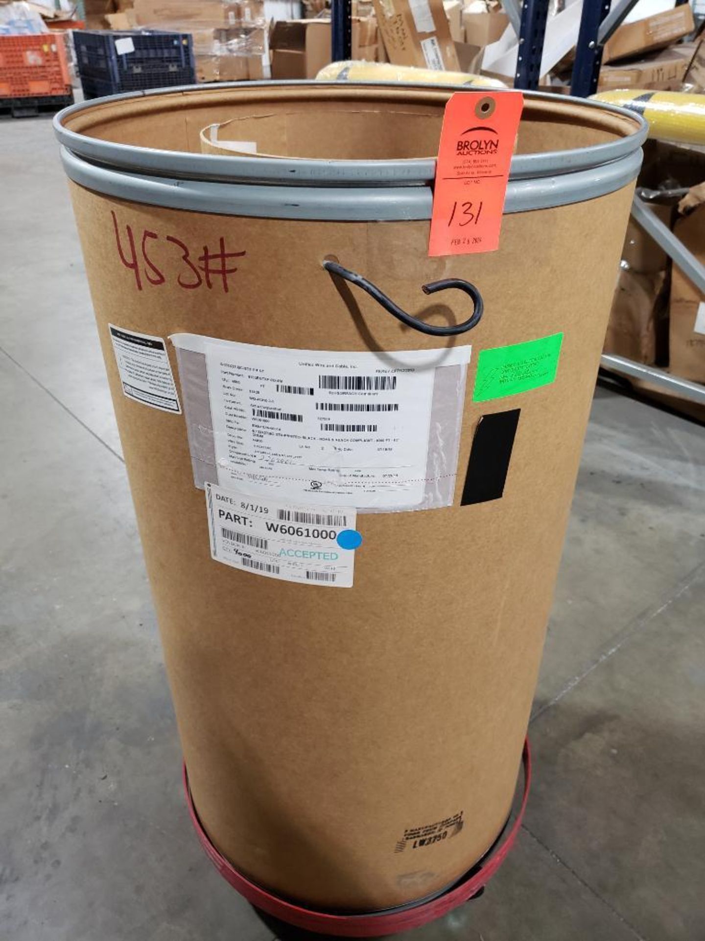 Qty 1 - Barrel 6 awg black print copper wire. Gross barrel weight, 453lbs. Partial barrel.