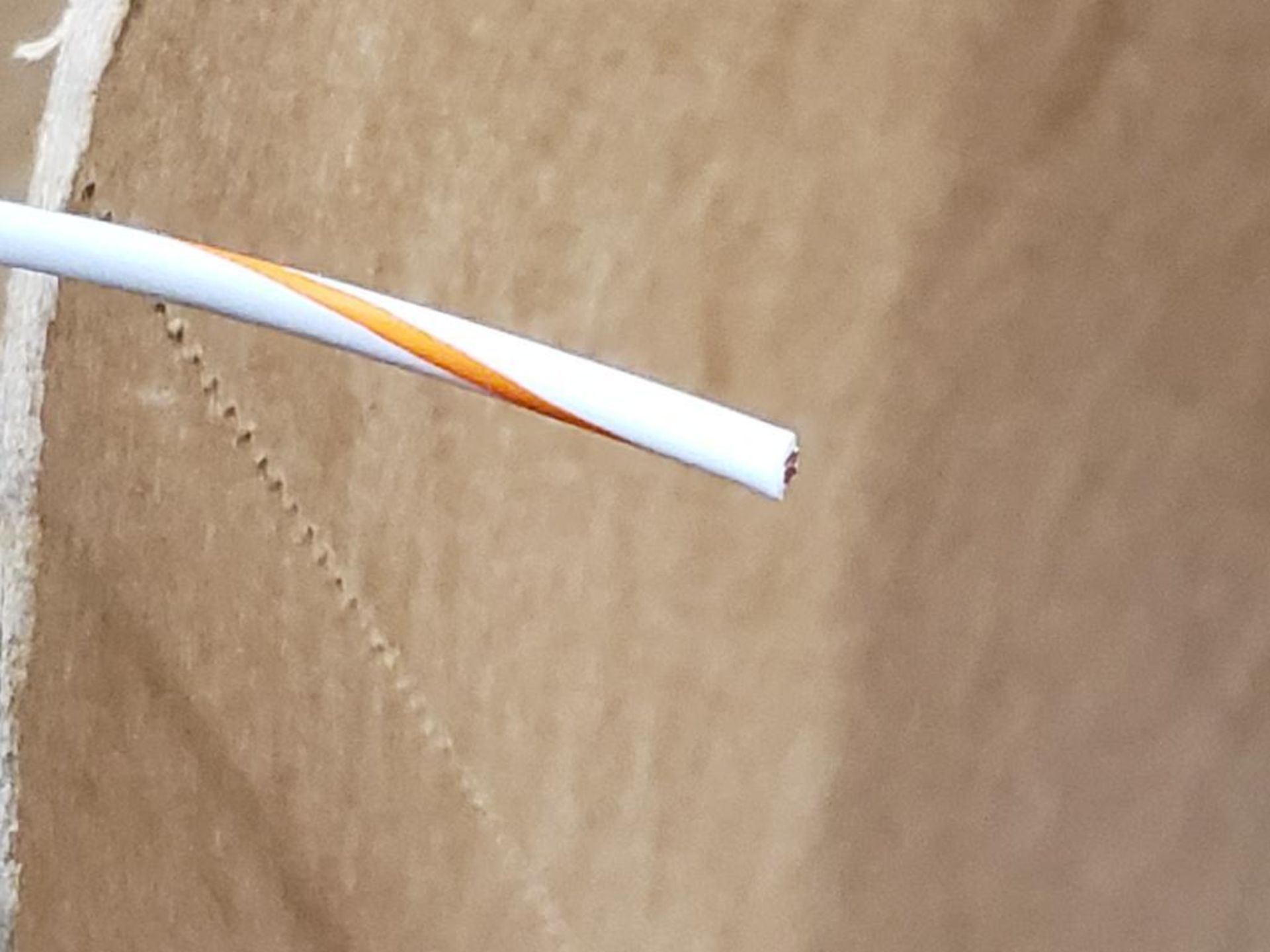 14 awg white / orange print copper wire. Gross barrel weight, 65lbs. Partial barrel. - Image 4 of 6