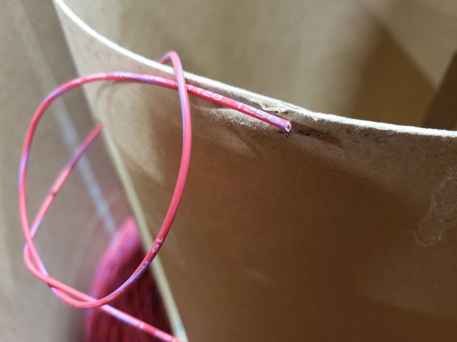 16 awg pink / purple print copper wire. Gross barrel weight, 51lbs. Partial barrel. - Image 3 of 5