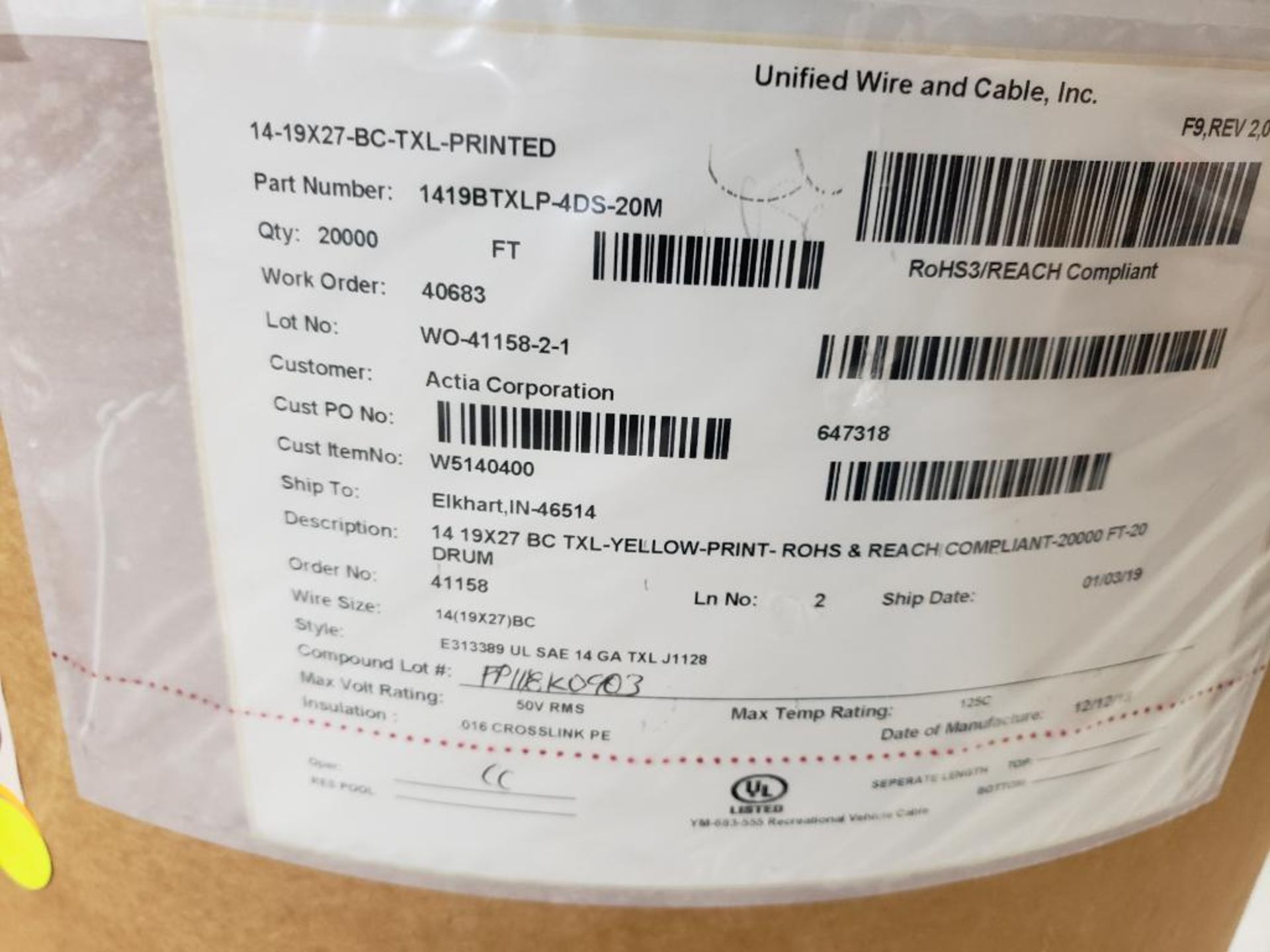 14 awg yellow print copper wire. Gross barrel weight, 226lbs. Partial barrel. - Image 4 of 5