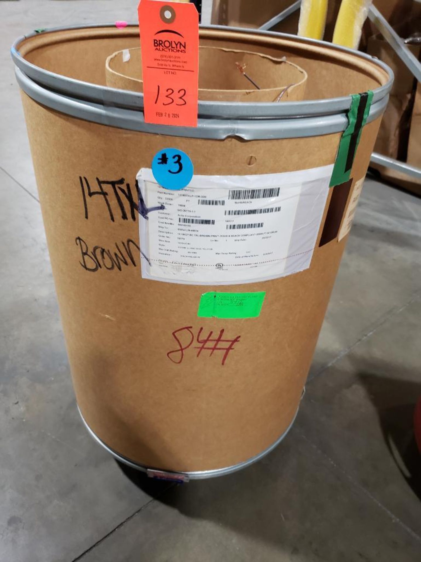 Qty 1 - Barrel 14 awg brown copper wire. Gross barrel weight, 84lbs. Partial barrel.