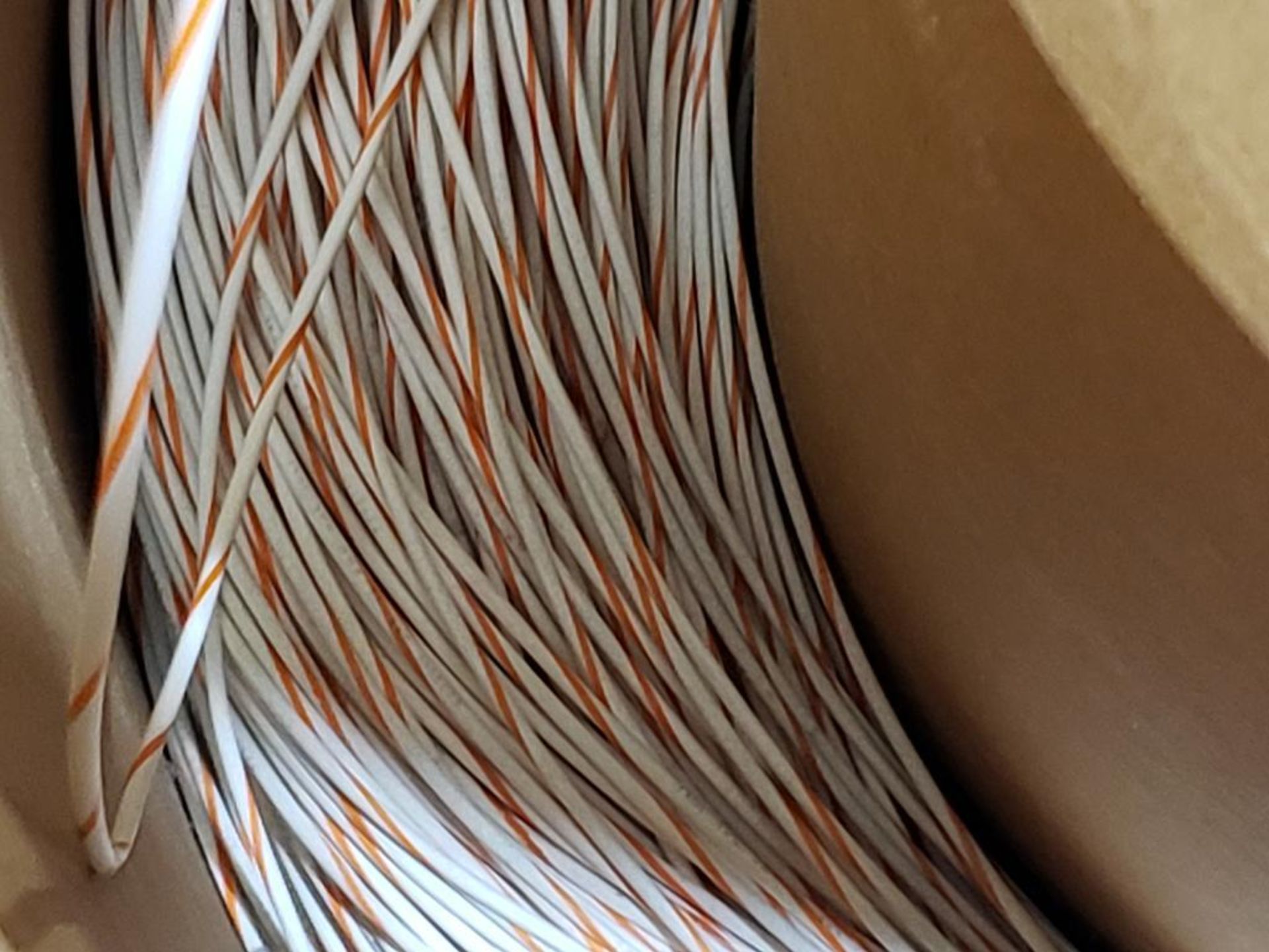 14 awg white / orange print copper wire. Gross barrel weight, 65lbs. Partial barrel. - Image 3 of 6