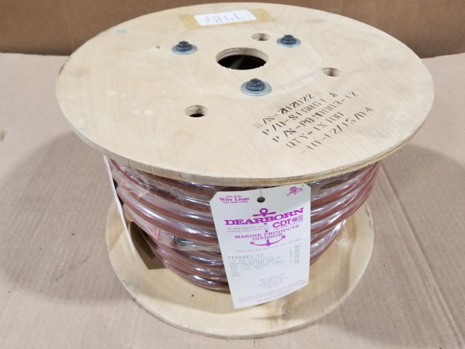 100ft roll of 3awg wire. Tinned copper. Part number PBM0003-1Z. 67lb gross roll weight. .