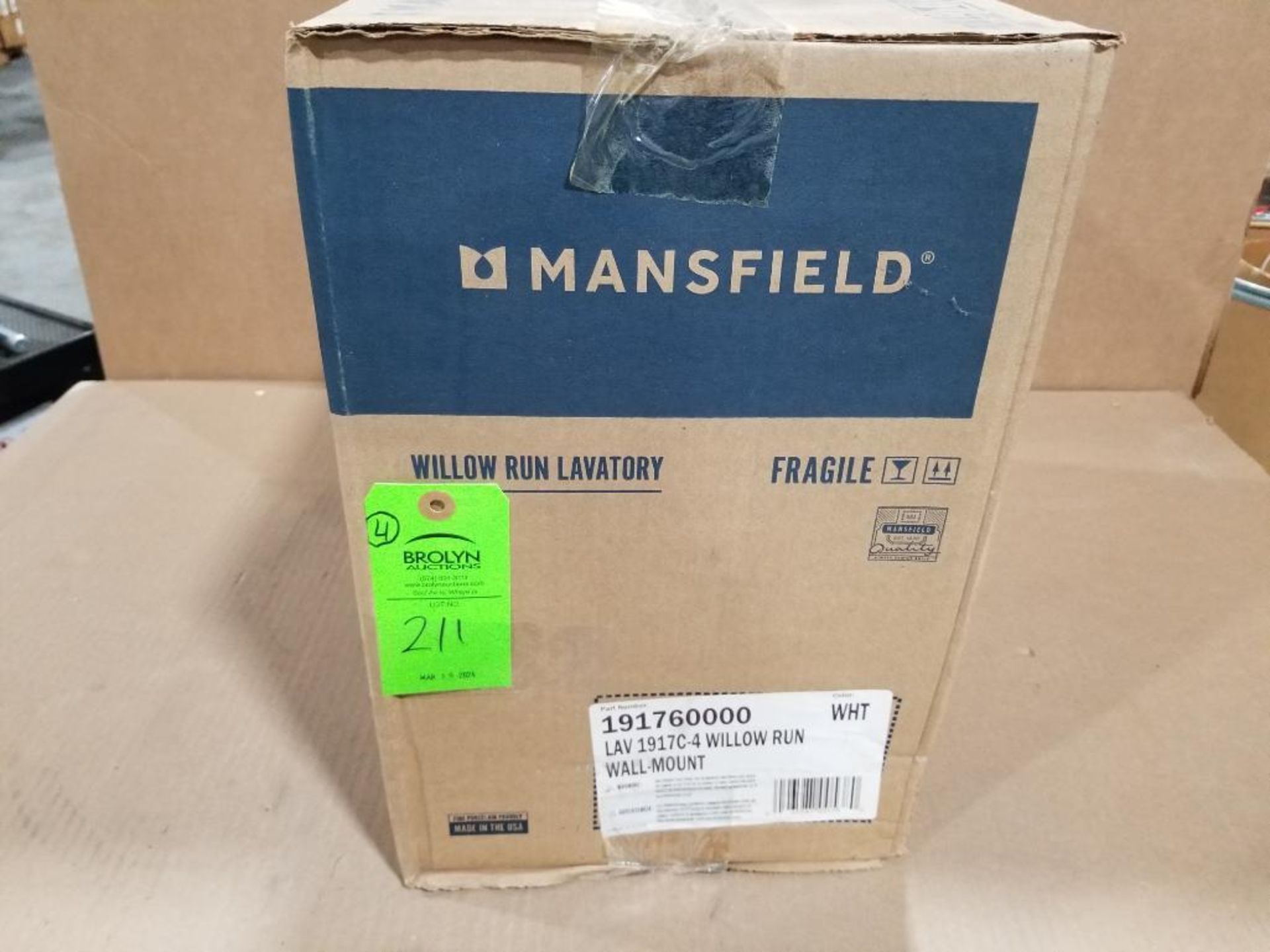 Qty 4 - Mansfield wall mount sink. Part number 191760000. White. LAV1917C-4.