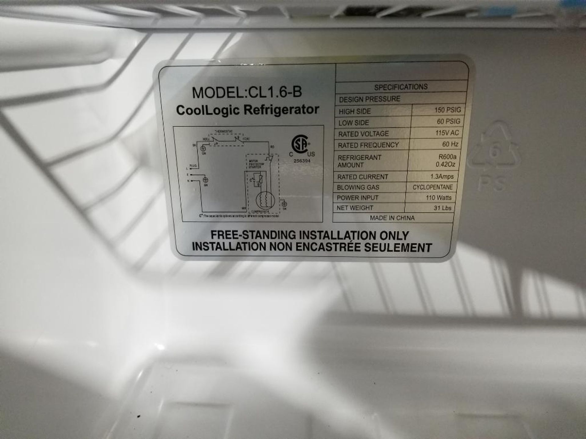 Qty 2 - Cool Logic refrigerator. Model CL1.6-B. 115v single phase. - Image 3 of 9