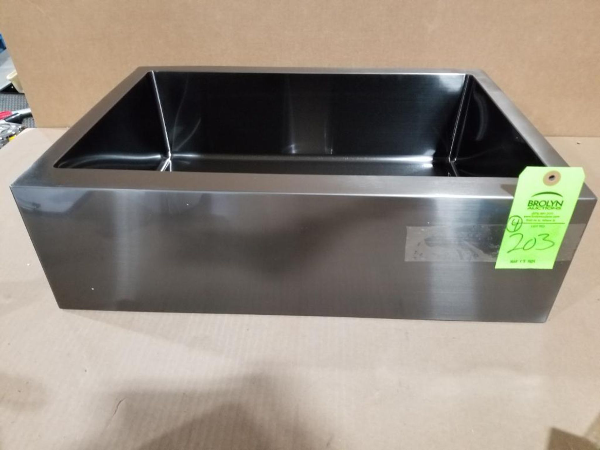 Qty 4 - Lippert black stainless steel apron style sink. 23in x 16in x 7in.  For a $20 fee this lot c