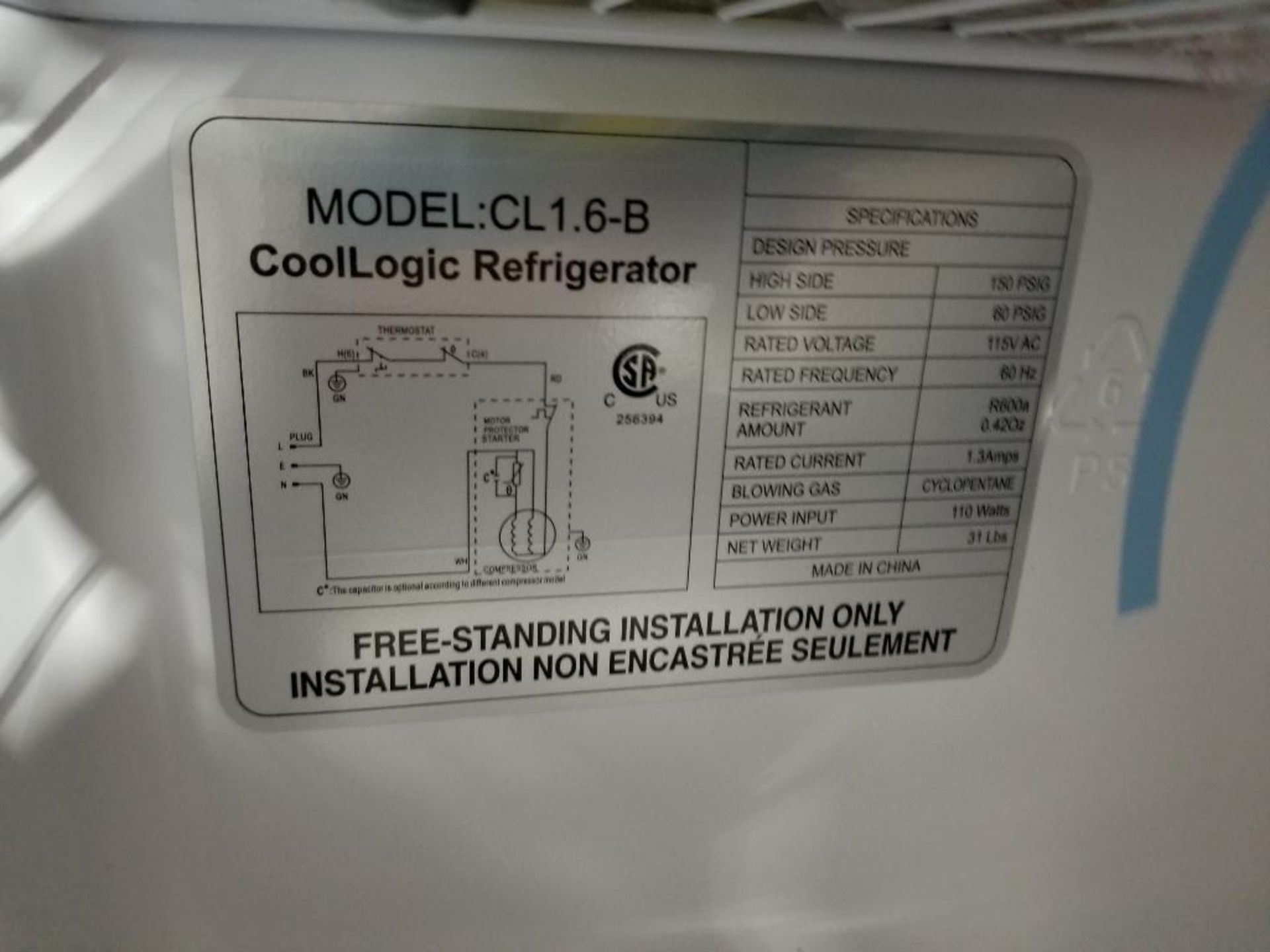 Qty 2 - Cool Logic refrigerator. Model CL1.6-B. 115v single phase. - Image 8 of 9