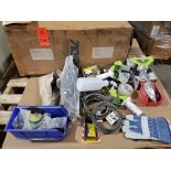 Pallet of assorted parts, tape guns, gloves, and more.