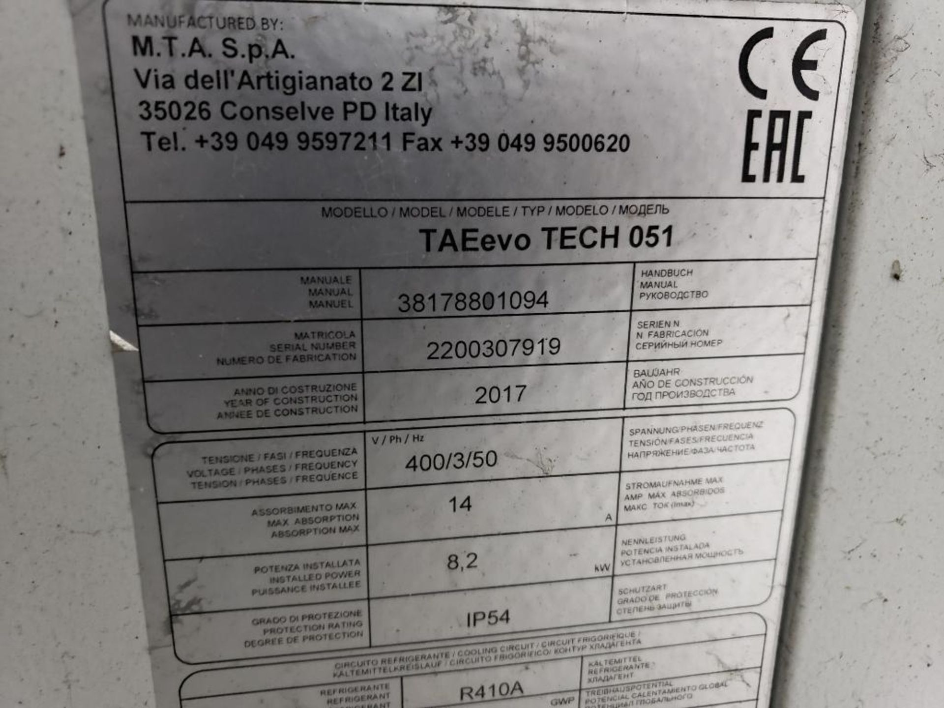 MTA TAEevo TECH 051 chiller unit. Mfg year 2017. 400v 3 phase. - Image 8 of 13