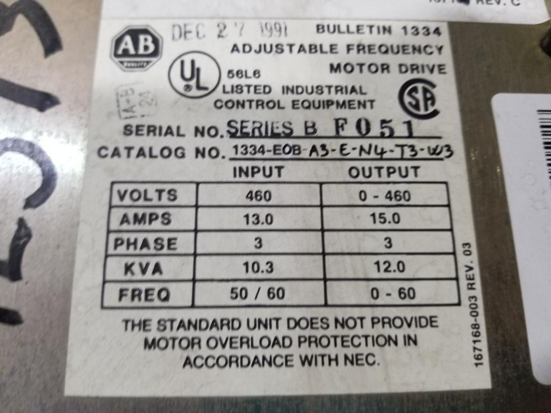 Allen Bradley adjustable frequency motor drive. Catalog 1334-EOB-A3-E-N4-T3-W3. - Image 2 of 9