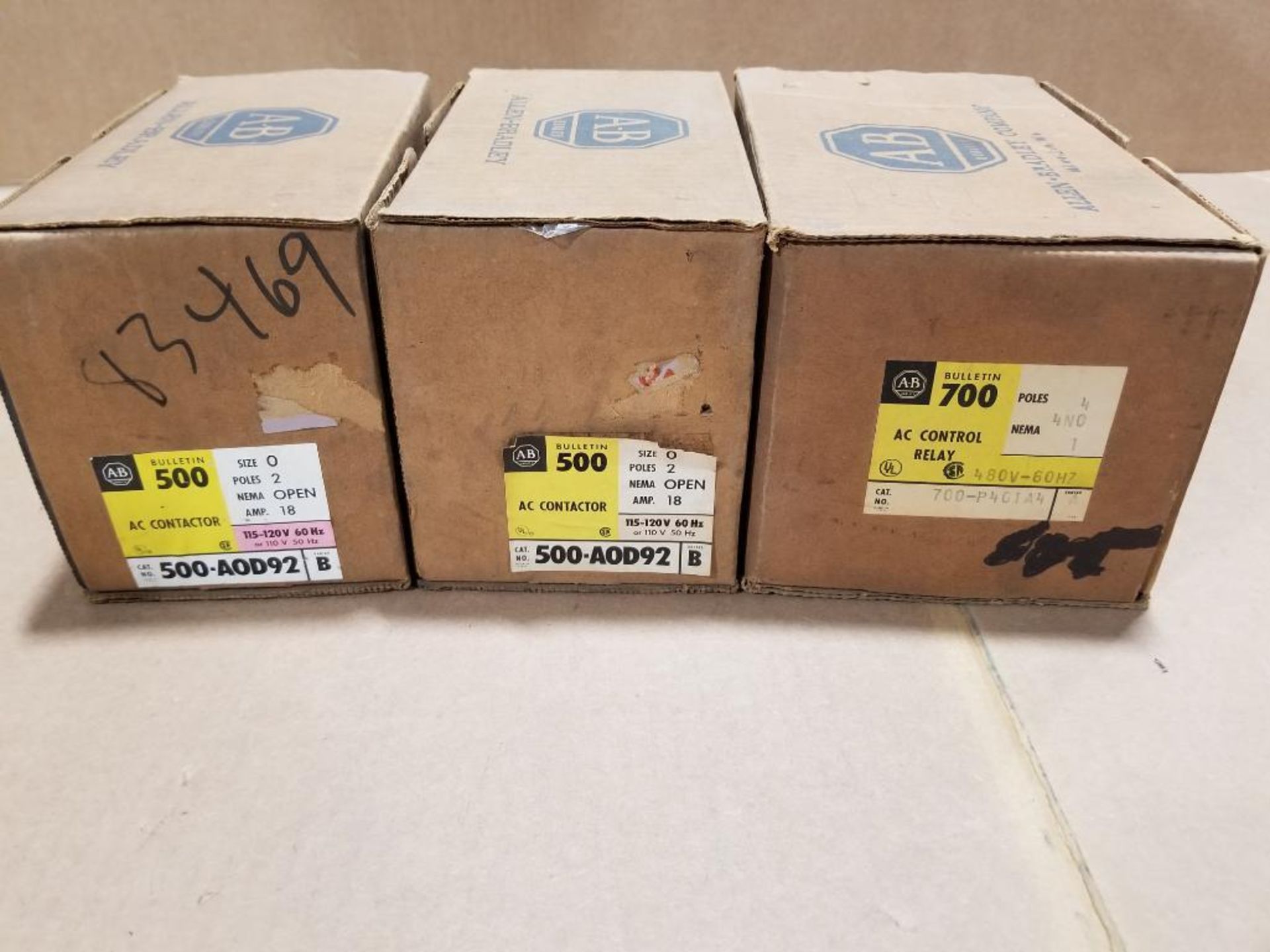 Qty 3 - Allen Bradley contactor. (2) catalog 500-A0D92 and (1) 700-P401A4.