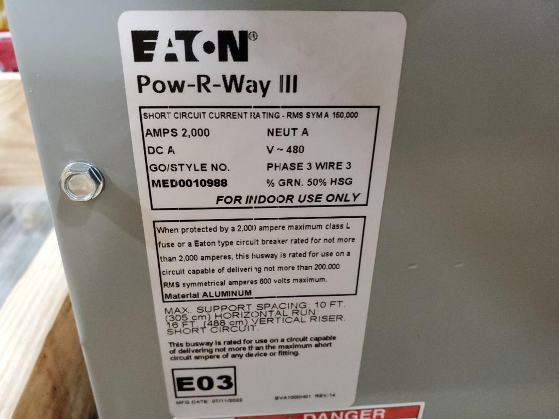 2000amp Eaton Pow-R-Way III bus tap box. 3 wire, 480v. MED0010988. New in crate. - Image 3 of 6