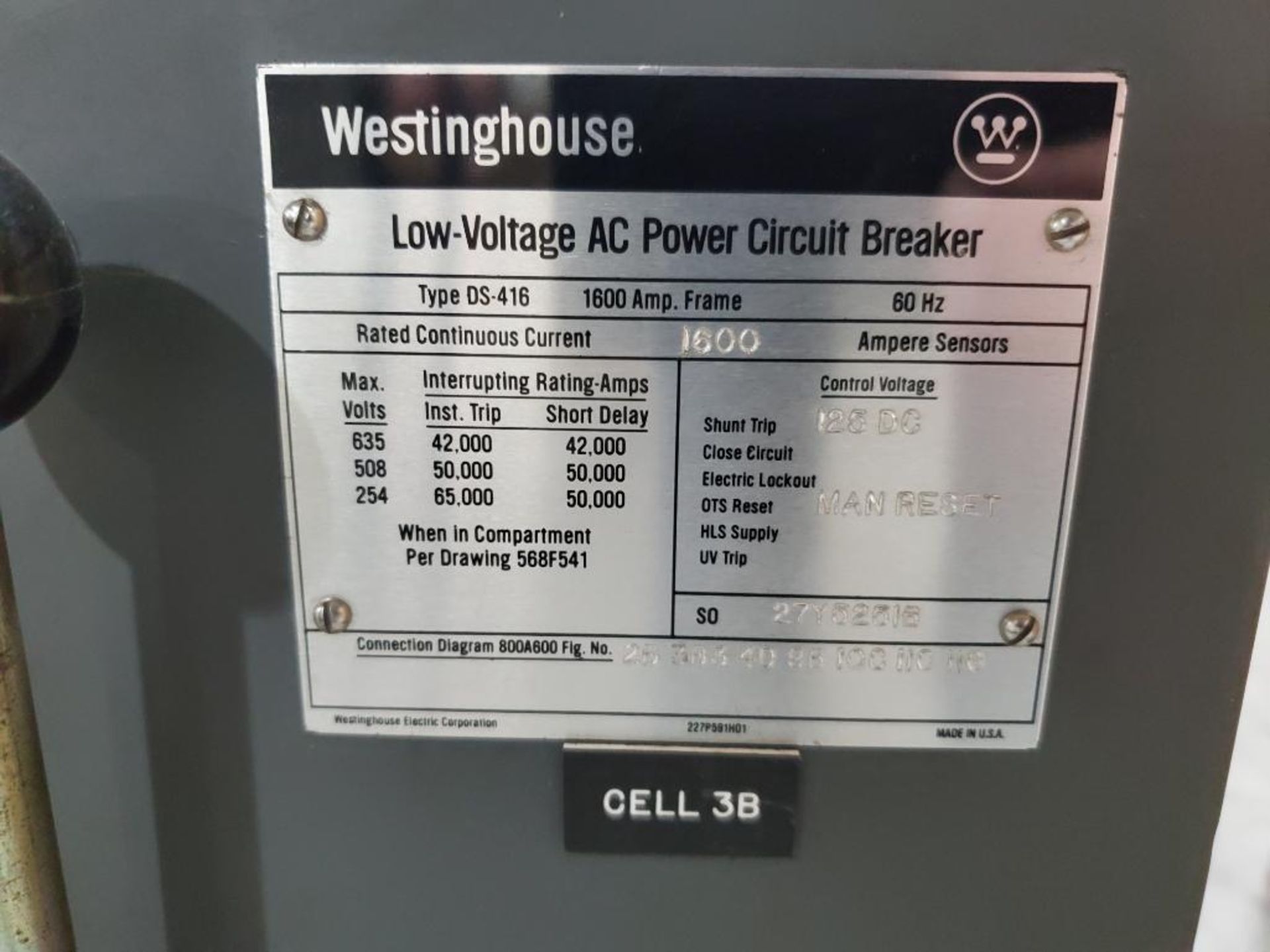 1600 amp Westinghouse Low Voltage AC Power Circuit Breaker. Type DS-416. - Image 3 of 9