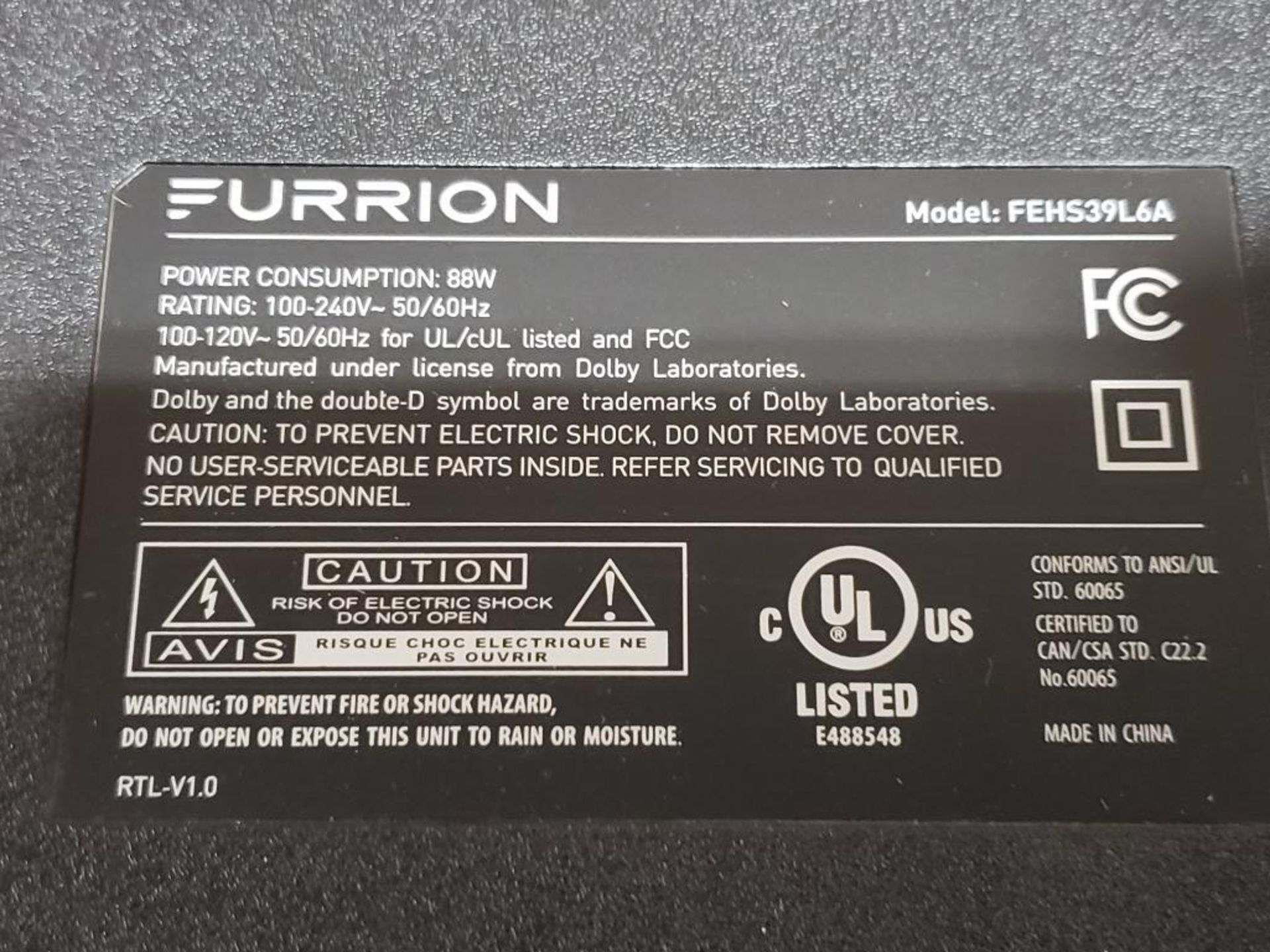 39in Furrion LED TV. Model number FEHS39L6A. - Image 6 of 8