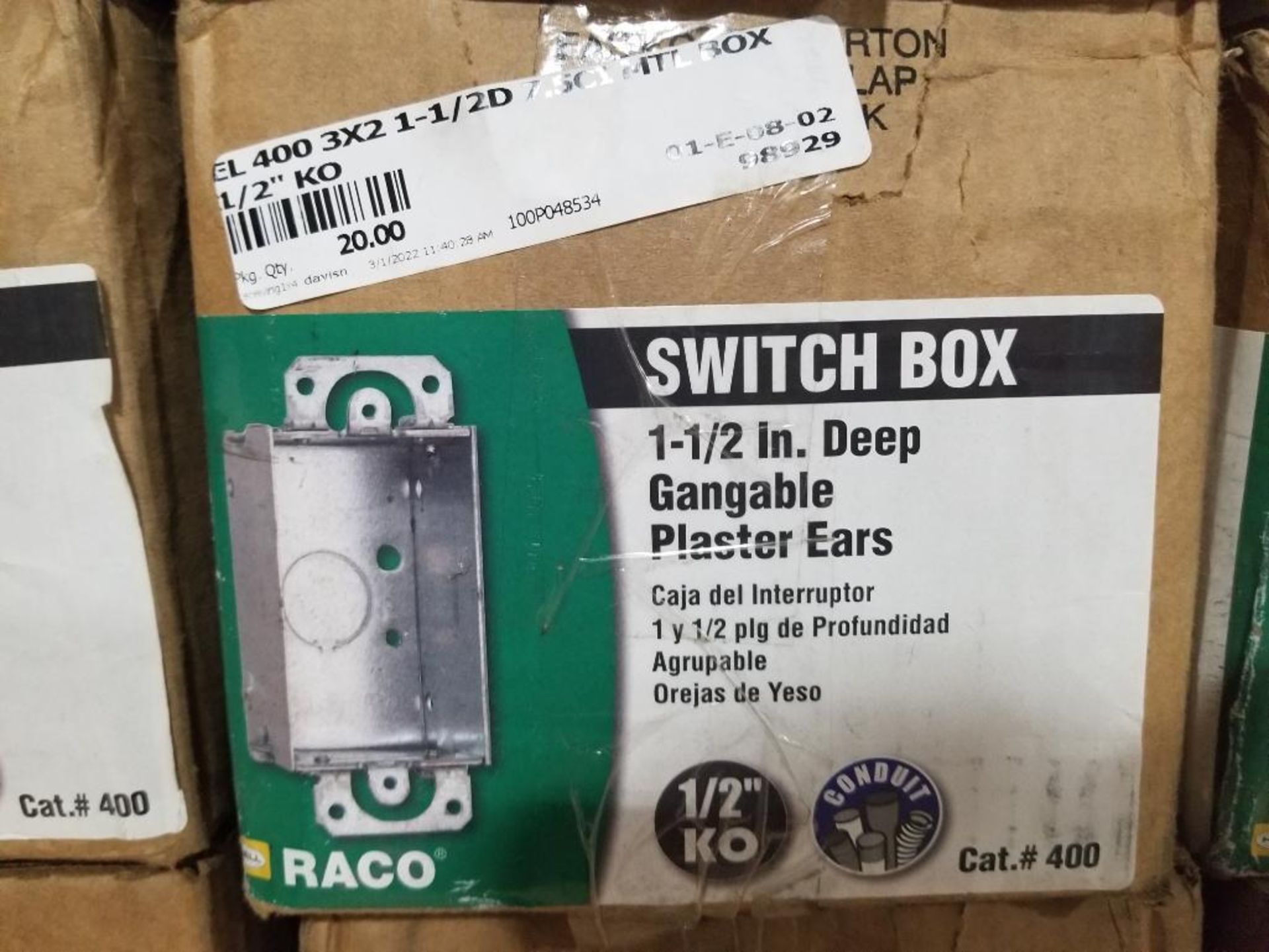 Qty 380 - Raco switch box. 1-1/2in deep gangable plaster ears box. Catalog #400. 19 boxes of 20. - Image 2 of 3