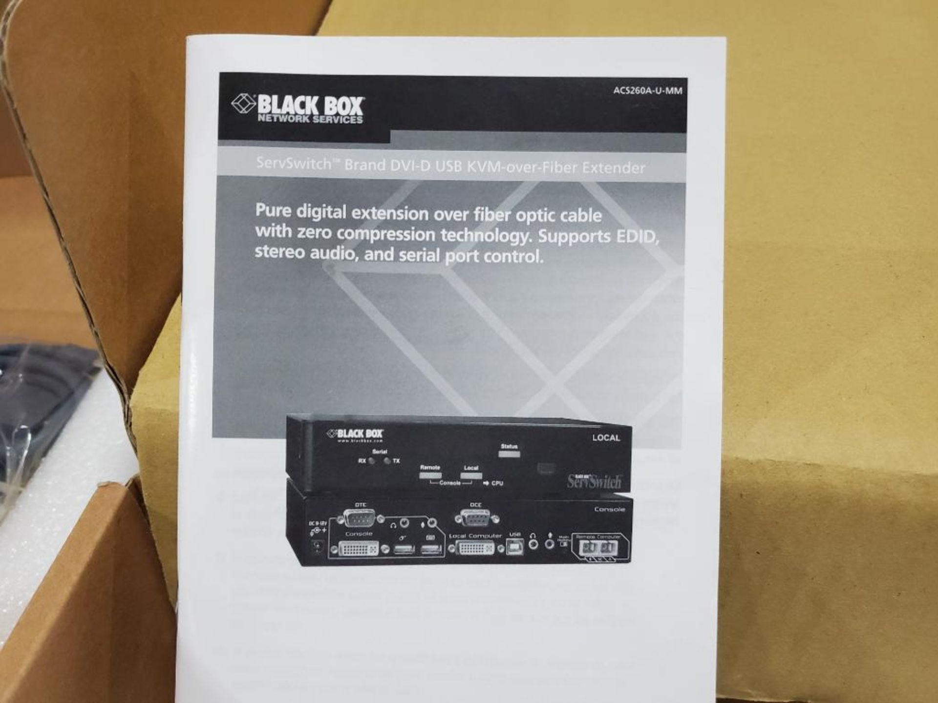 Black Black fiber optic extender kit. DVI-D USB KVM OVER. Part number AC8260A-U-MM. - Image 2 of 5