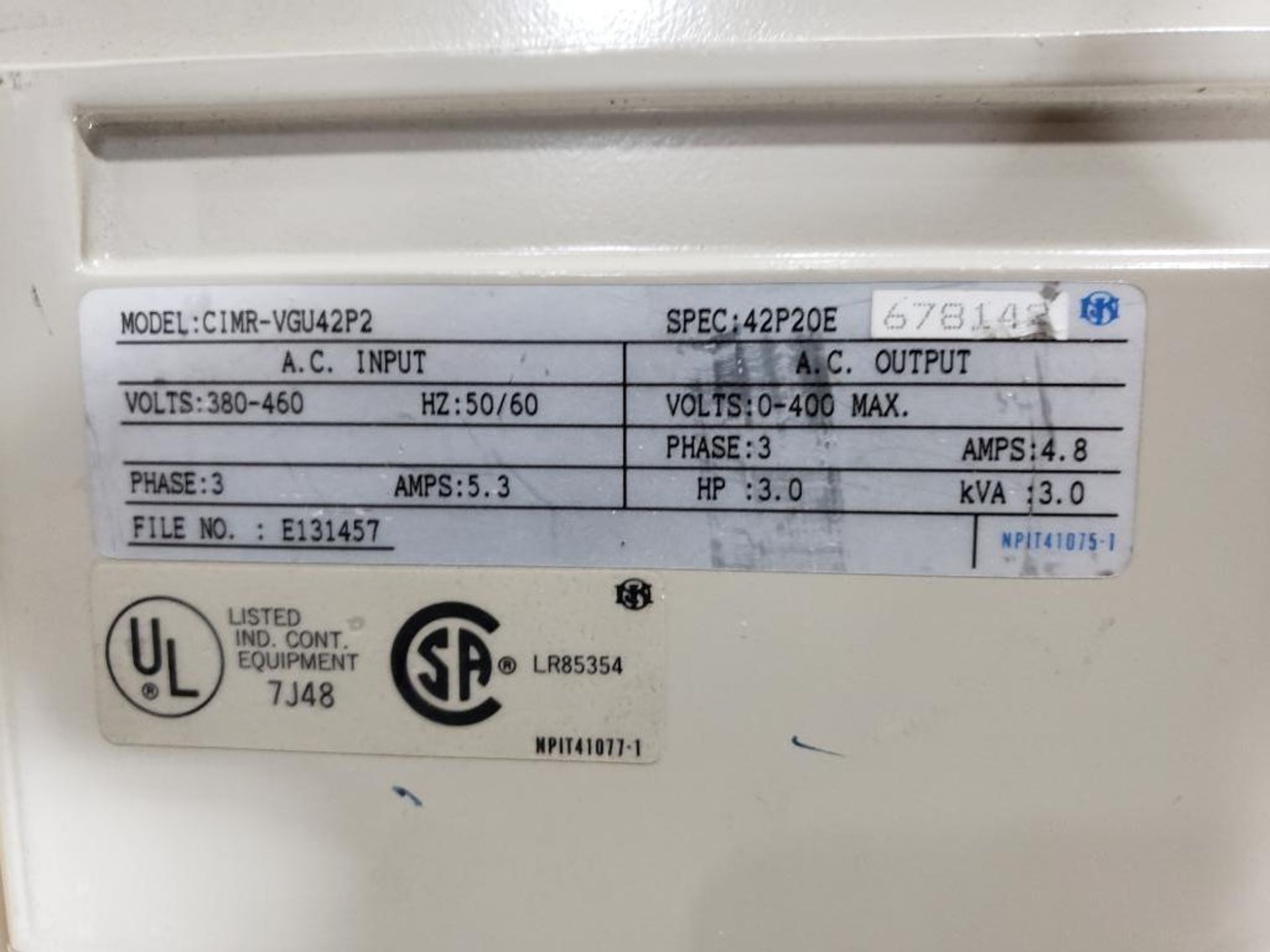 Yaskawa Varispeed drive. Model 676VG3. Part number CIMR-VGU42P2. - Image 4 of 7