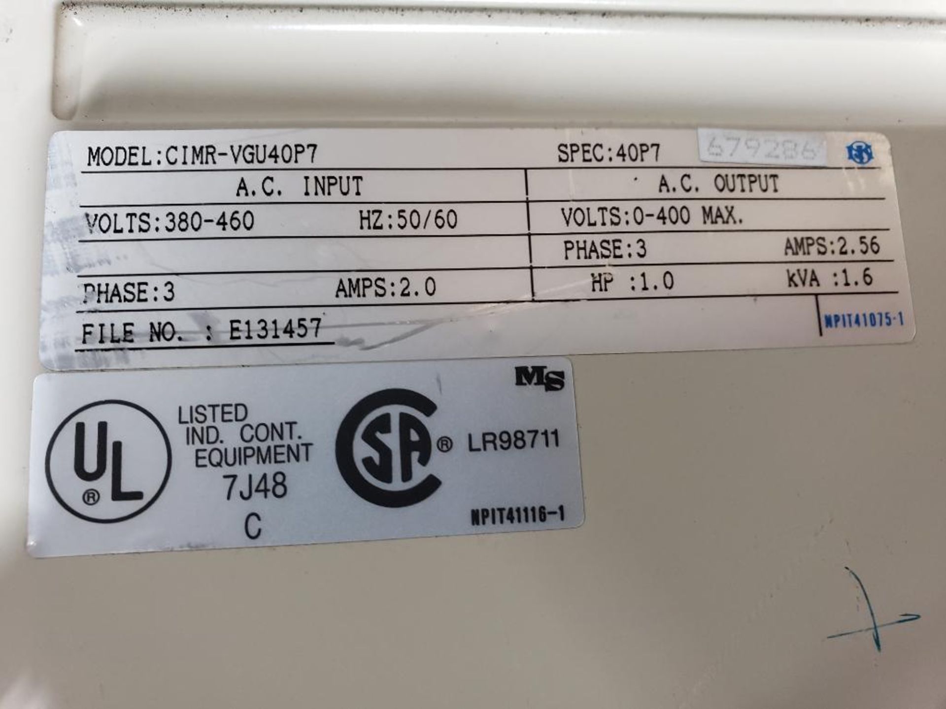 Yaskawa Varispeed drive. Model 676VG3. Part number CIMR-VGU42P2. - Image 4 of 4