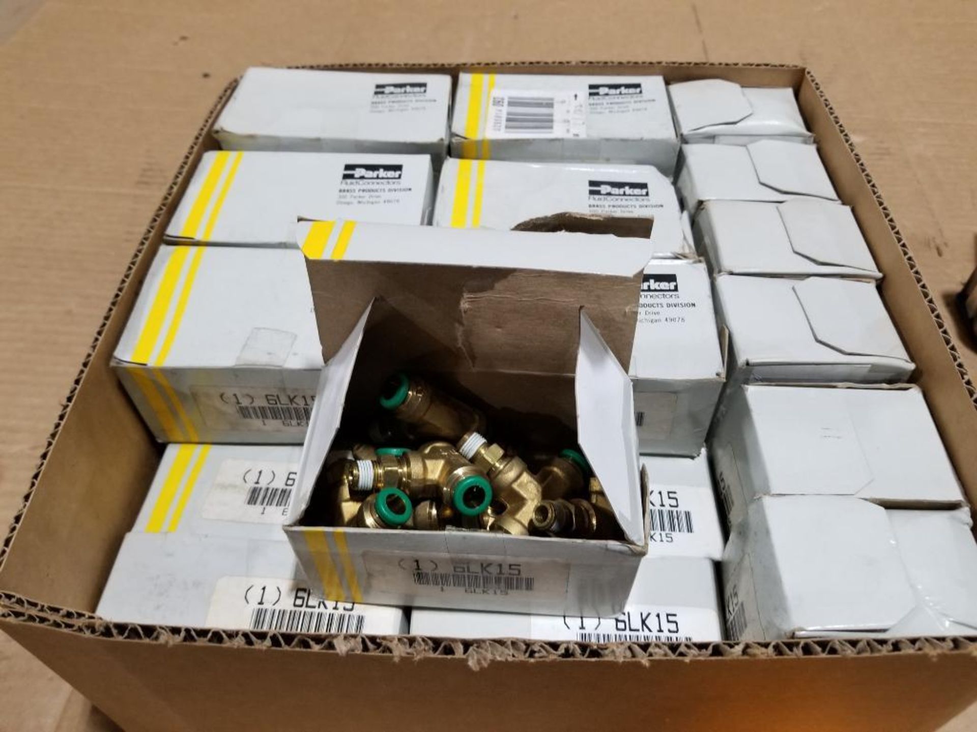 Qty 250 - Parker brass fittings. Part number 6LK15. 25 boxes of 10.