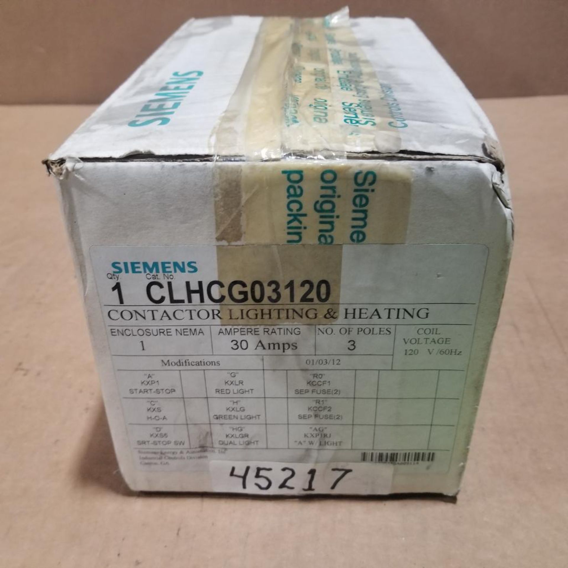 Siemens contactor lighting and heating. Part number CLHCG03120.
