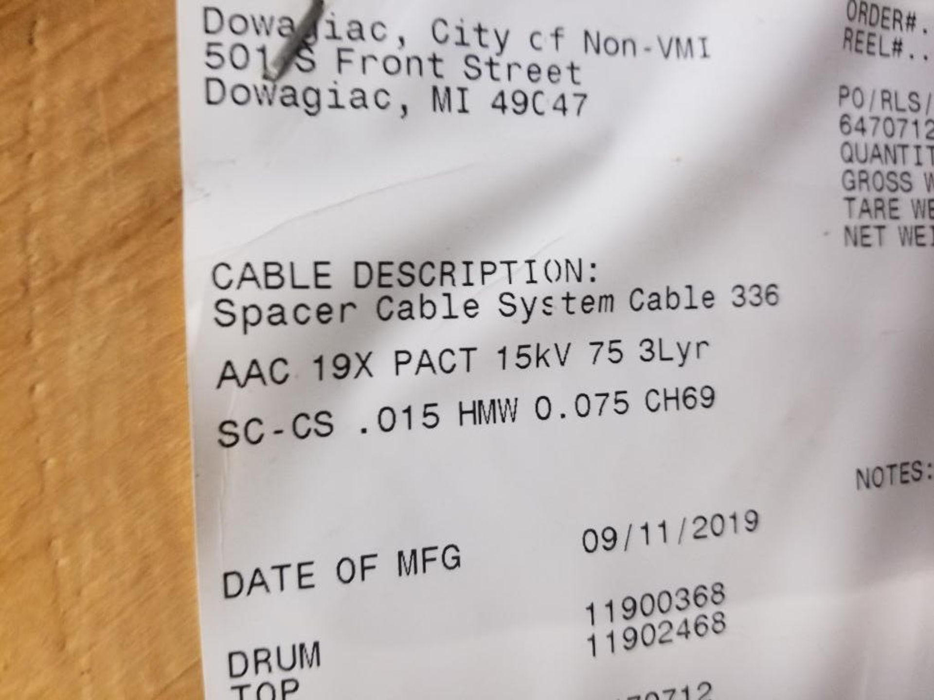 Spool of 15kV Hendrick spacer cable system wire 336, AAC-19X-PACT-15kV-75-3lyr. - Image 5 of 5