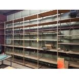 Large qty of metal pan shelving. Approx 247in long x 24in deep x 120in tall.