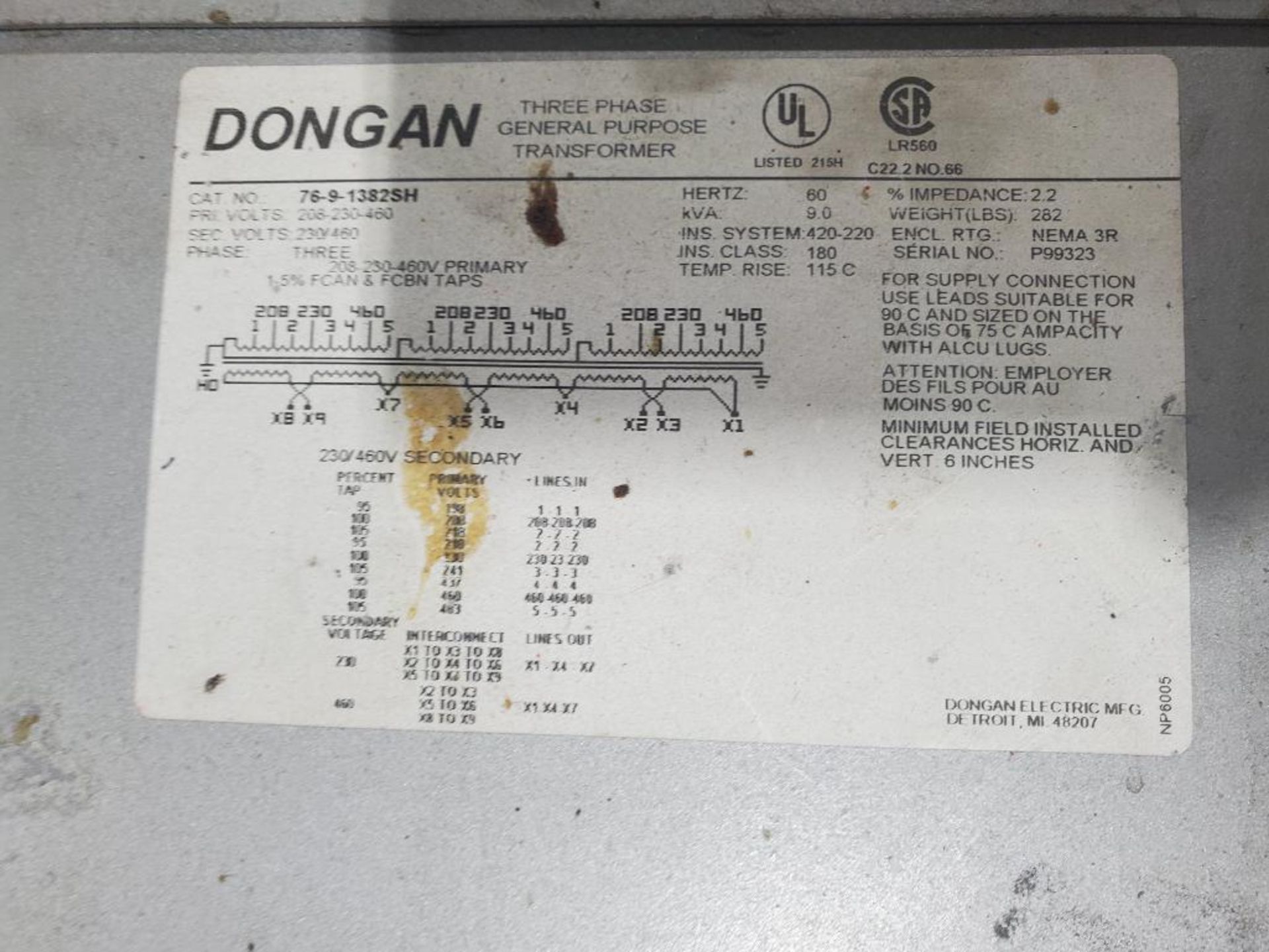 Qty 2 - Dongan 76-9-1382SH 3PH general purpose transformer. 9kVA. - Image 4 of 5
