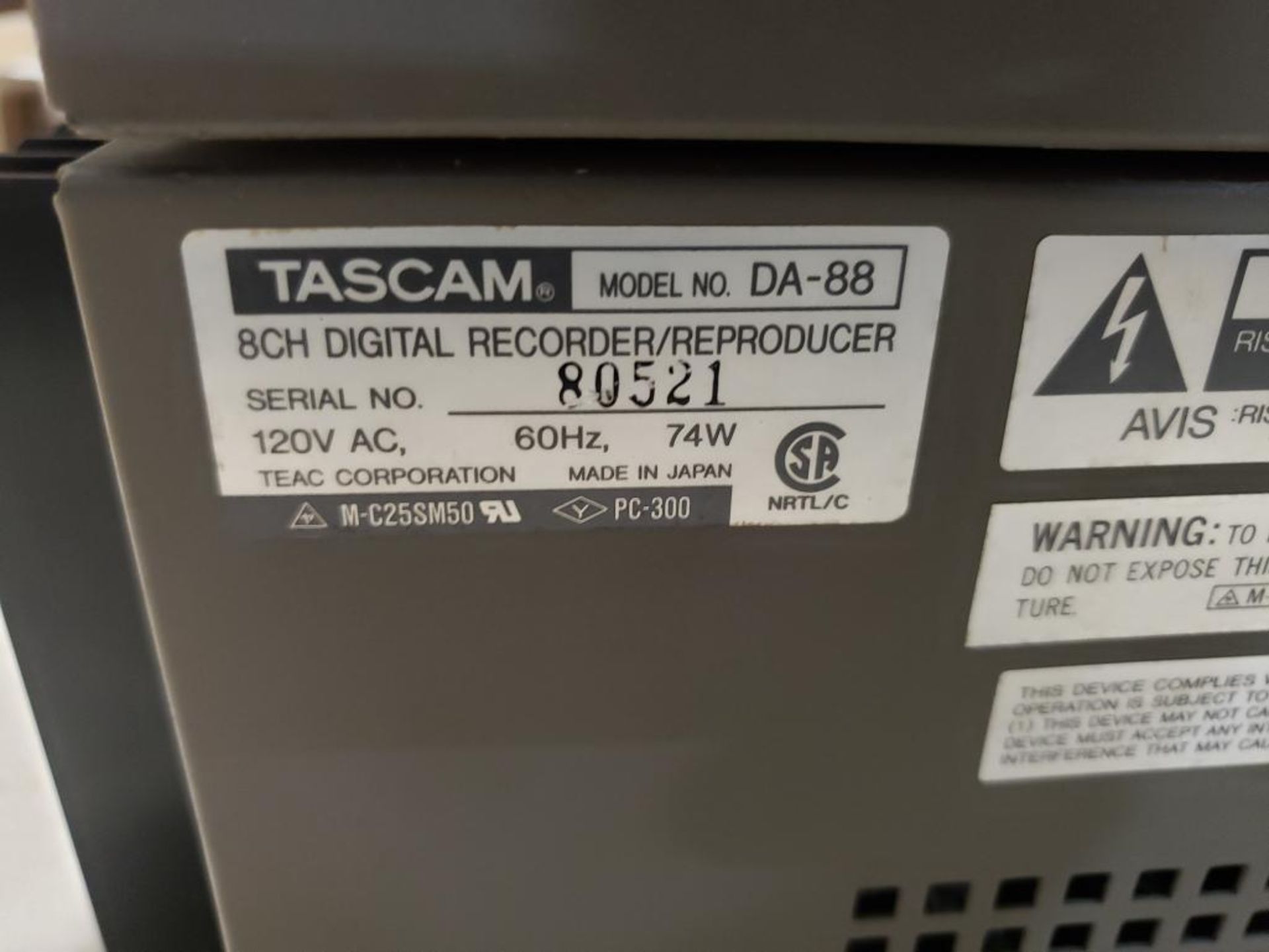 Qty 2 - TASCAM DA-88 8CH digital recorder / reproducer. 120VAC. - Image 5 of 8