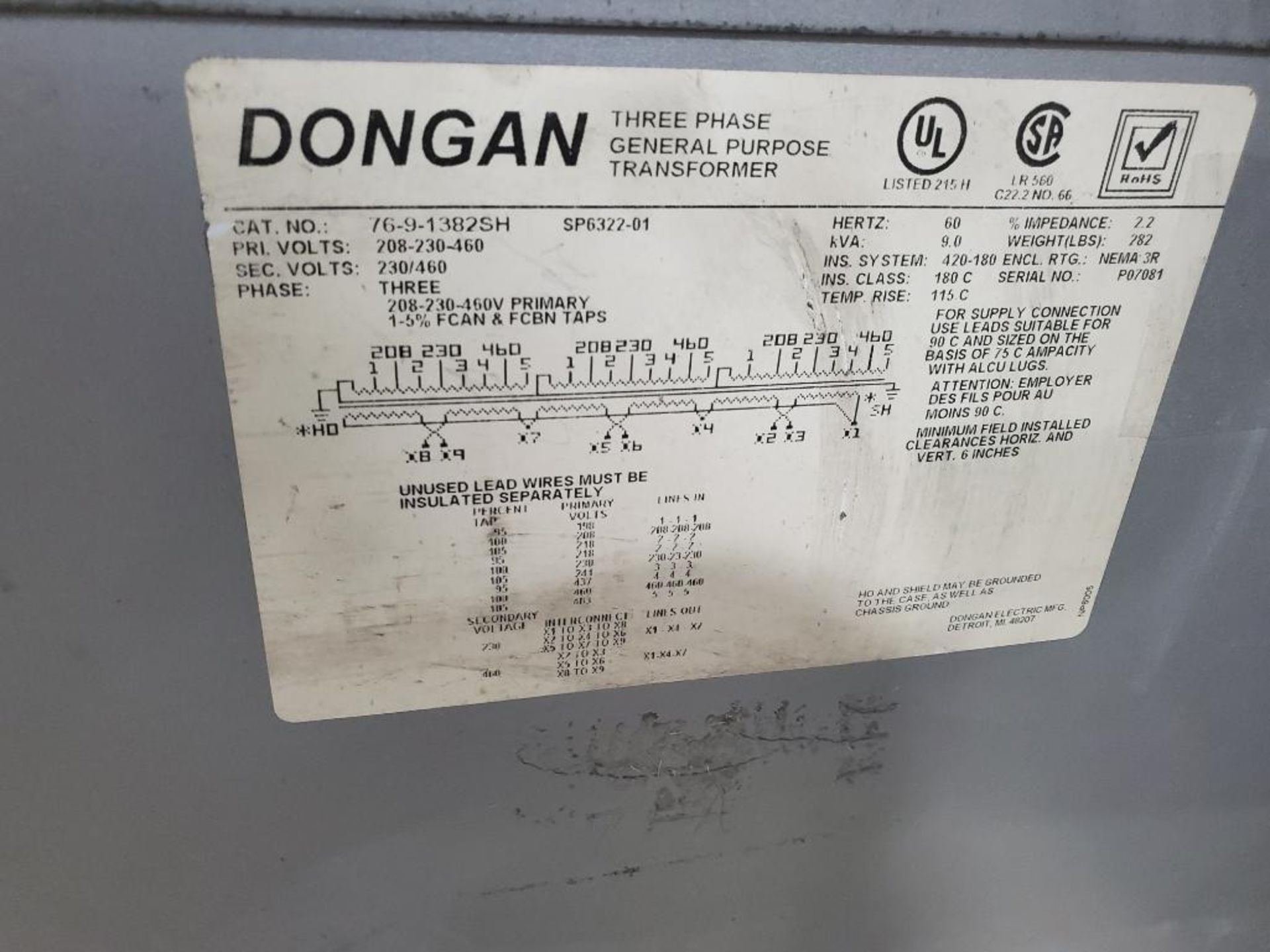 Qty 2 - Dongan 76-9-1382SH 3PH general purpose transformer. 9kVA. - Image 3 of 5