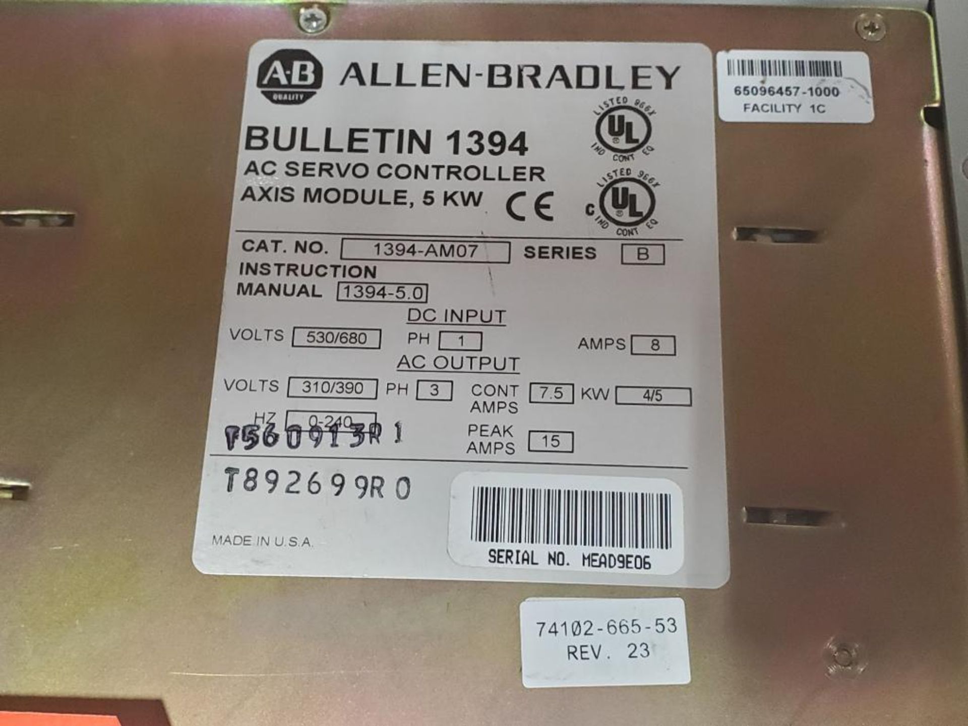 Allen Bradley 1394 ac servo controller axis module, 5kw. 1394-AM07. - Image 2 of 4