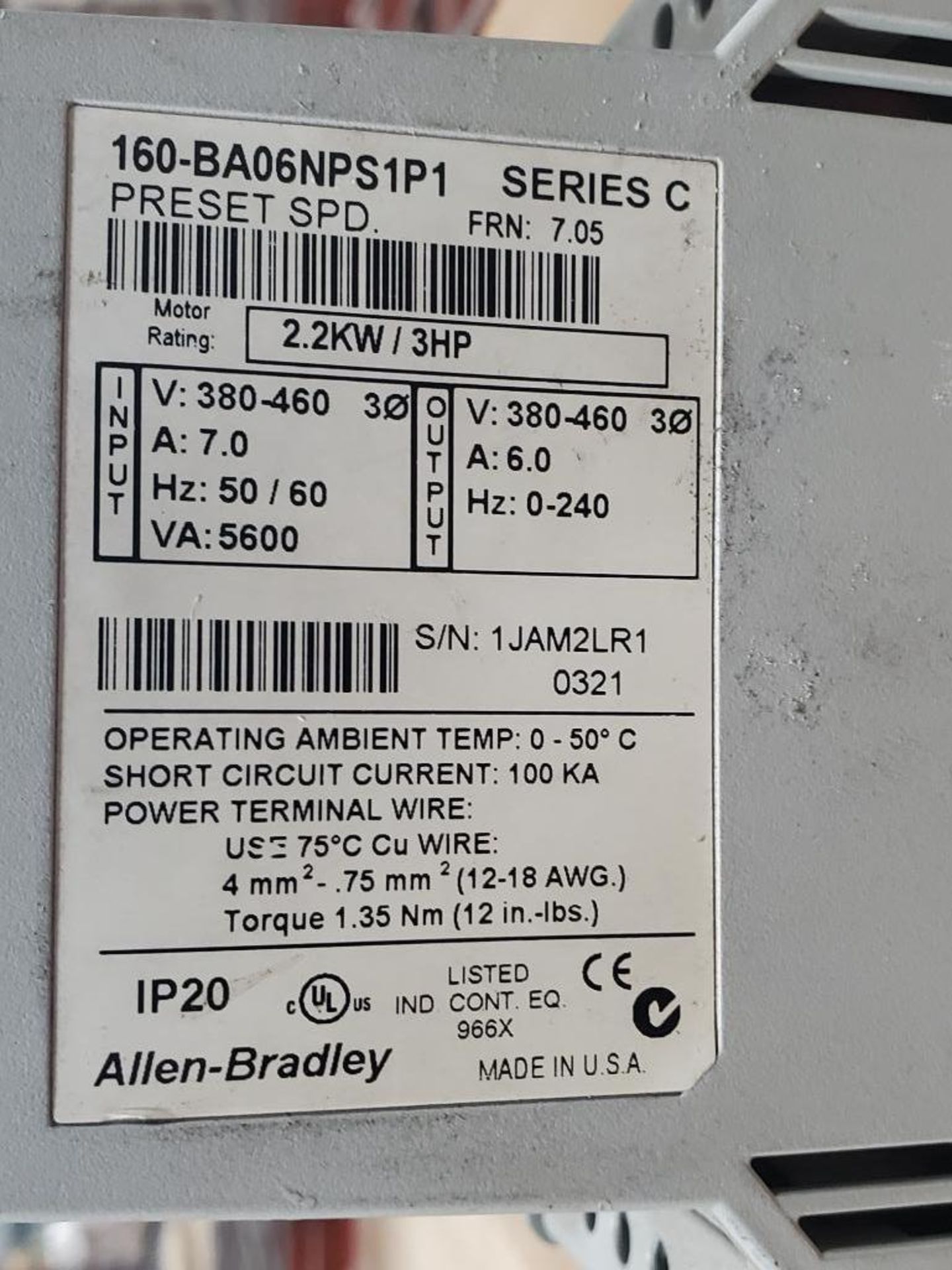 3HP Allen Bradley 160-BA06NPS1P1 PRESET SPD drive. - Image 4 of 6