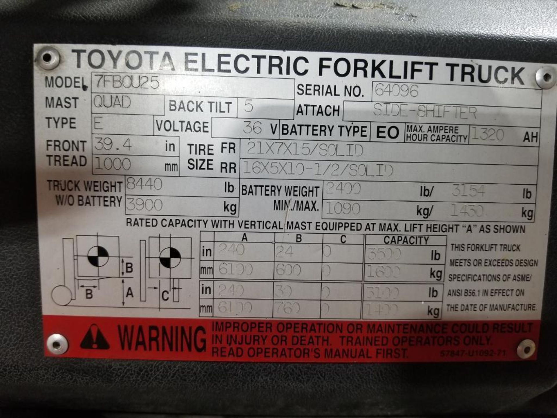 4000lb Toyota forklift. Electric, model 7FBCU25. 240in lift w/ side shift. Serial number 64096 - Image 11 of 20