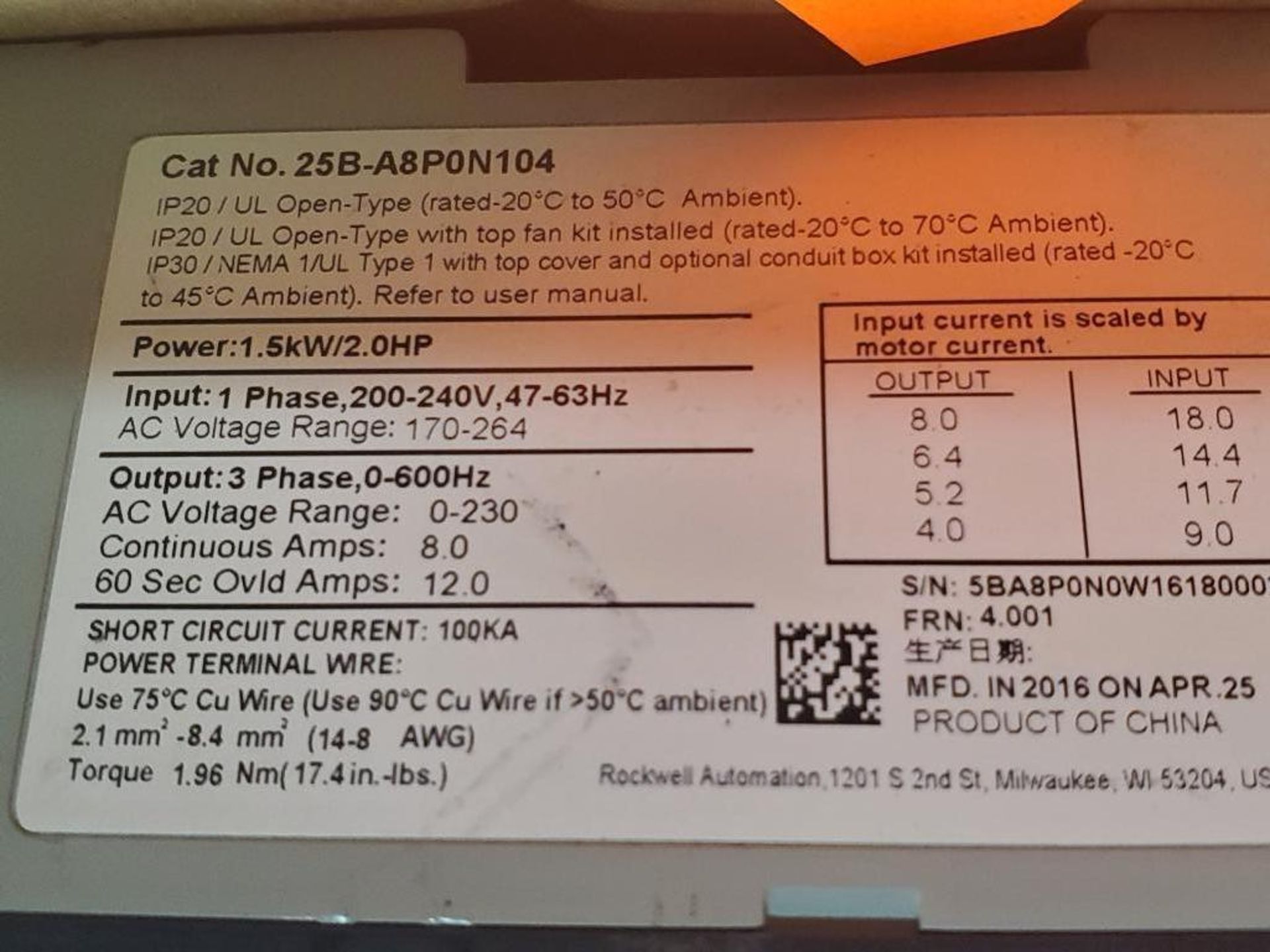 2HP Allen Bradley PowerFlex drive. 25B-A8P0N104. - Image 5 of 8