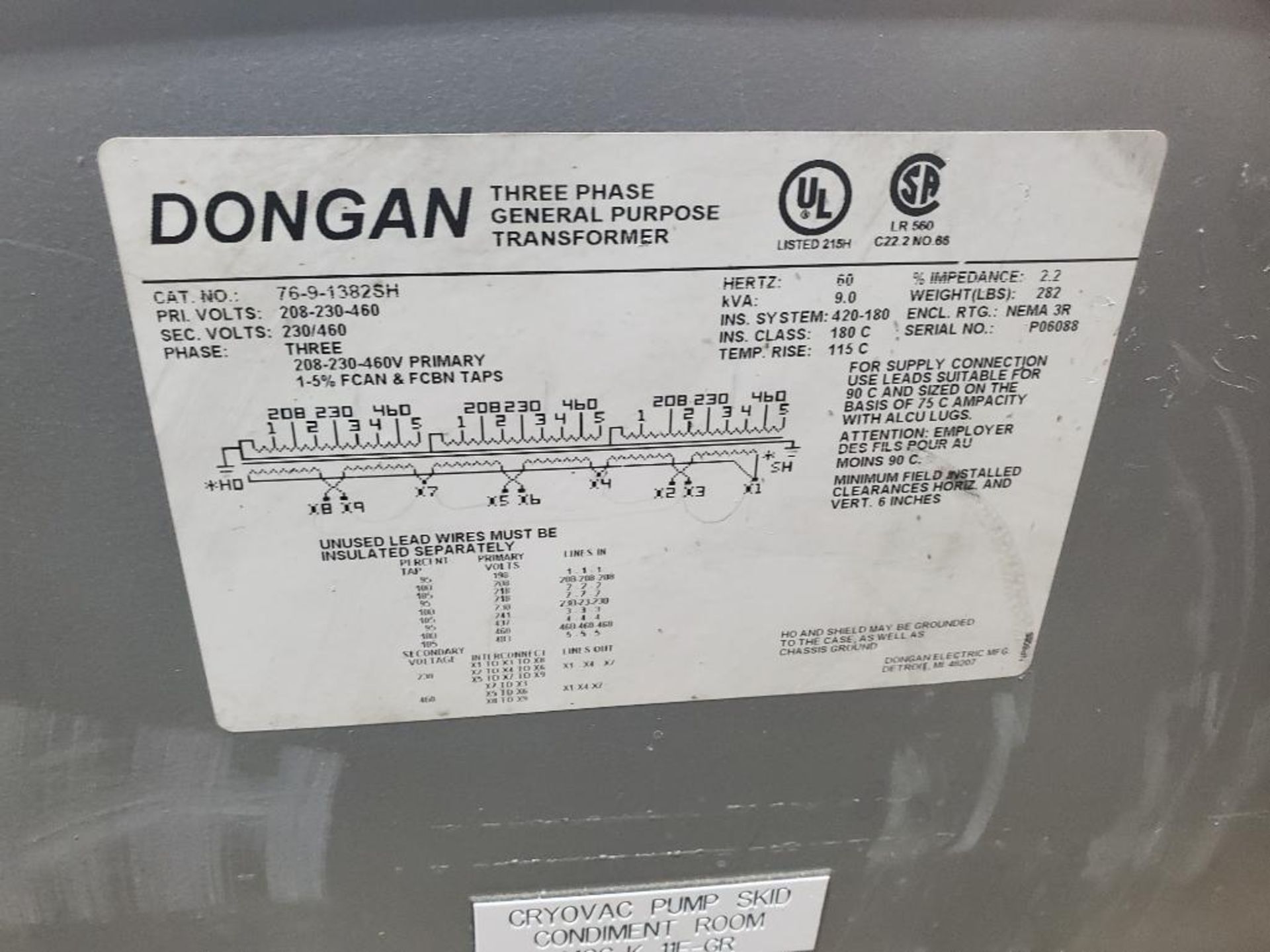 Qty 2 - Dongan 76-9-1382SH 3PH general purpose transformer. 9kVA. - Image 2 of 5