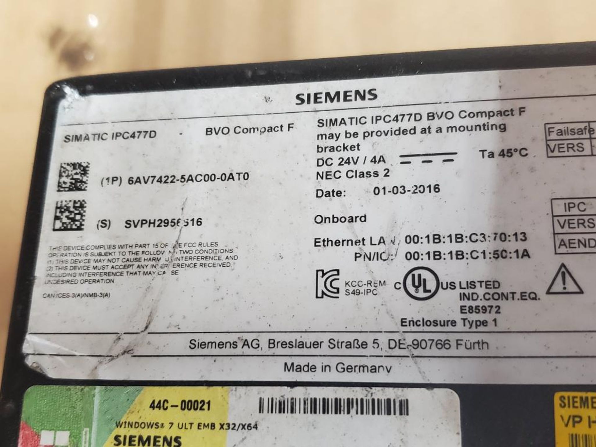 Siemens SIMATIC HMI IPC477D BVO Compact F interface 6AV7422-5AC00-0AT0. - Image 11 of 11