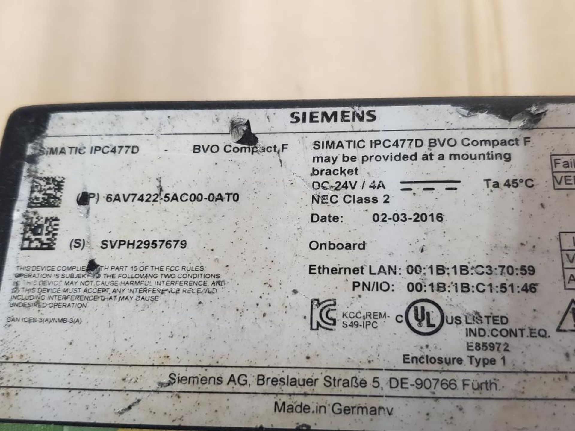 Siemens SIMATIC HMI IPC477D BVO Compact F interface 6AV7422-5AC00-0AT0. - Image 9 of 10