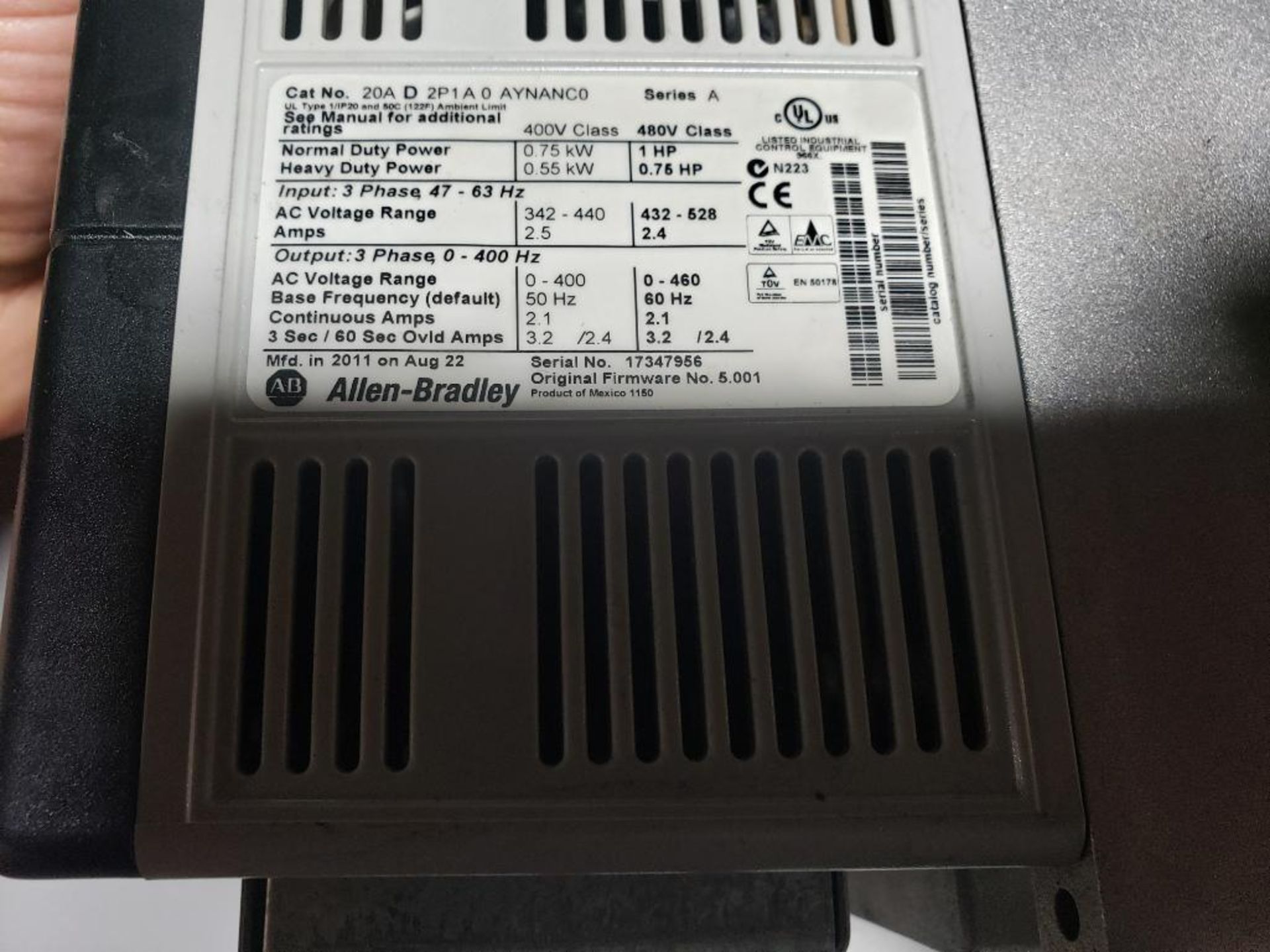 Allen Bradley Powerflex 70 drive. Catalog number 20A-D-2P1A-0-AYNANC0. - Image 2 of 5