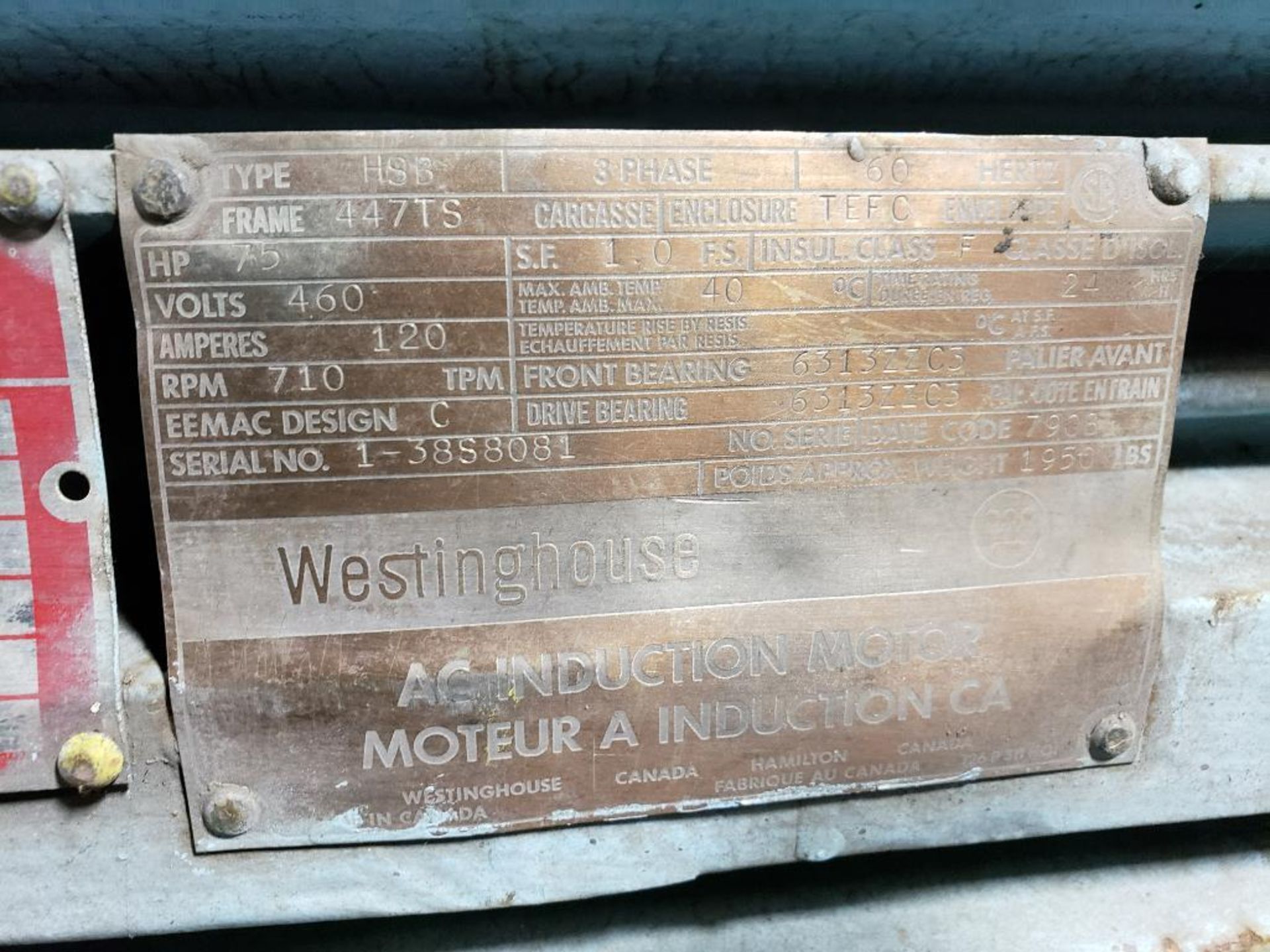 75HP Westinghouse AC Industrial induction motor HSB. 3PH, 460V, 710RPM, 447TS-Frame. - Image 4 of 8