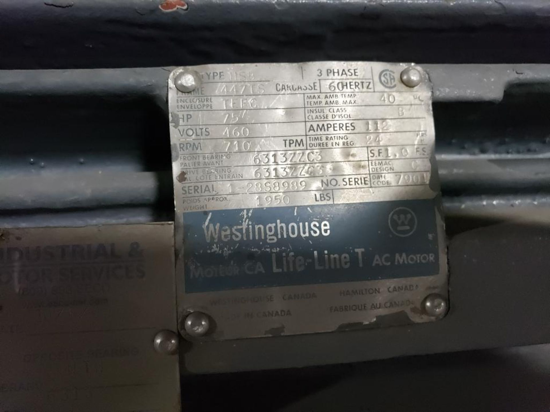 75HP Westinghouse Life-Line T AC motor 11SB. 3PH, 460V, 710RPM, 447TS-Frame. - Image 4 of 7