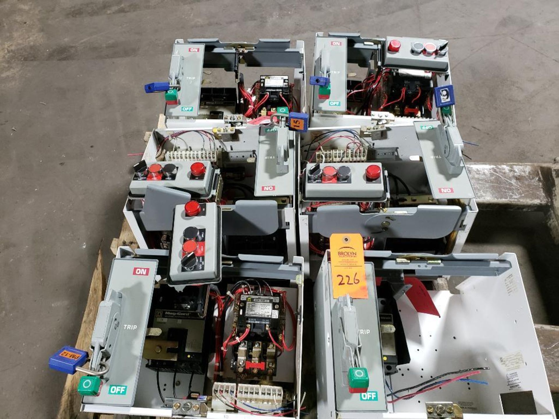 Pallet of assorted MCC buckets with assorted contactors and/or breakers etc.