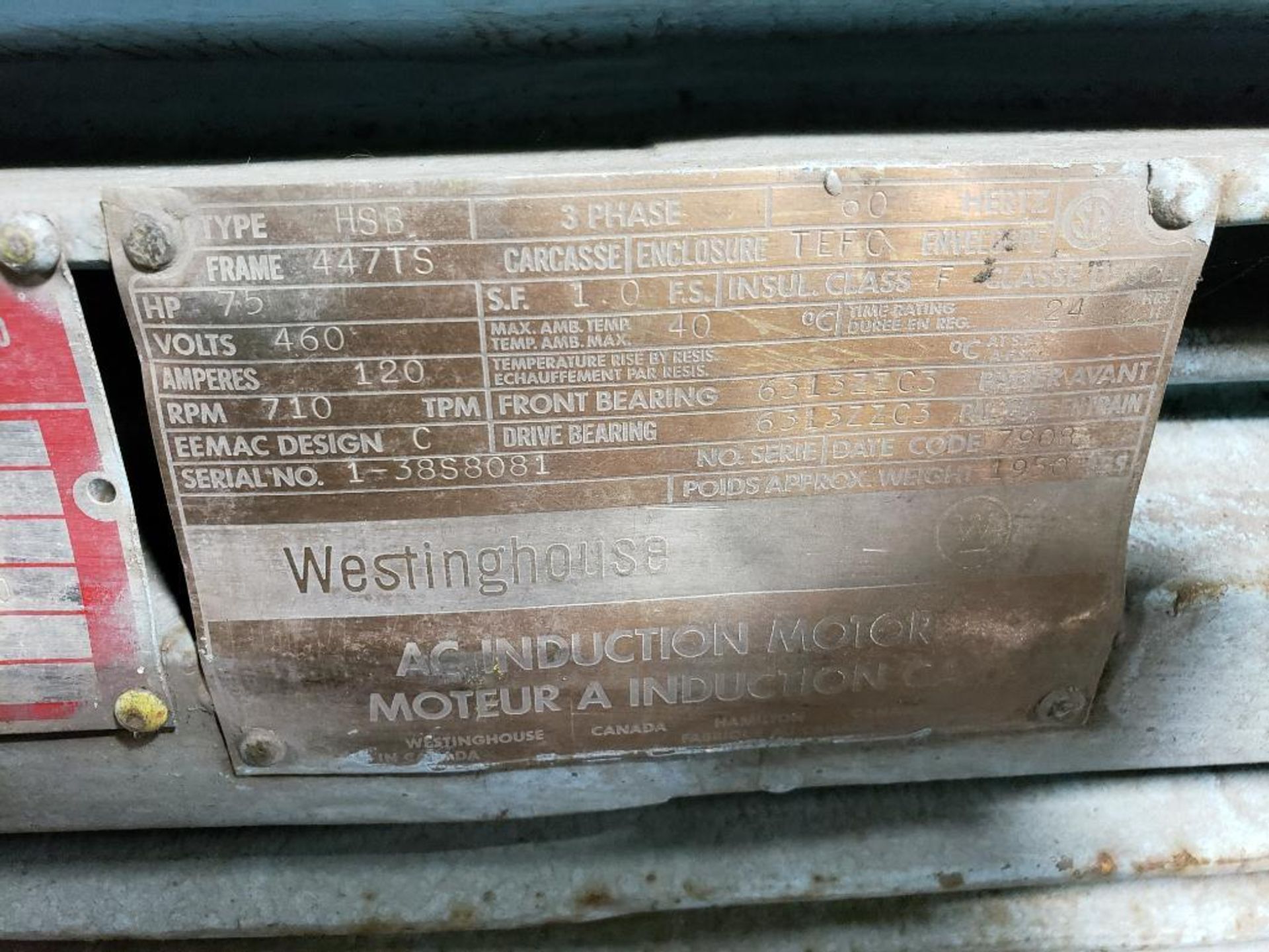 75HP Westinghouse AC Industrial induction motor HSB. 3PH, 460V, 710RPM, 447TS-Frame. - Image 5 of 8