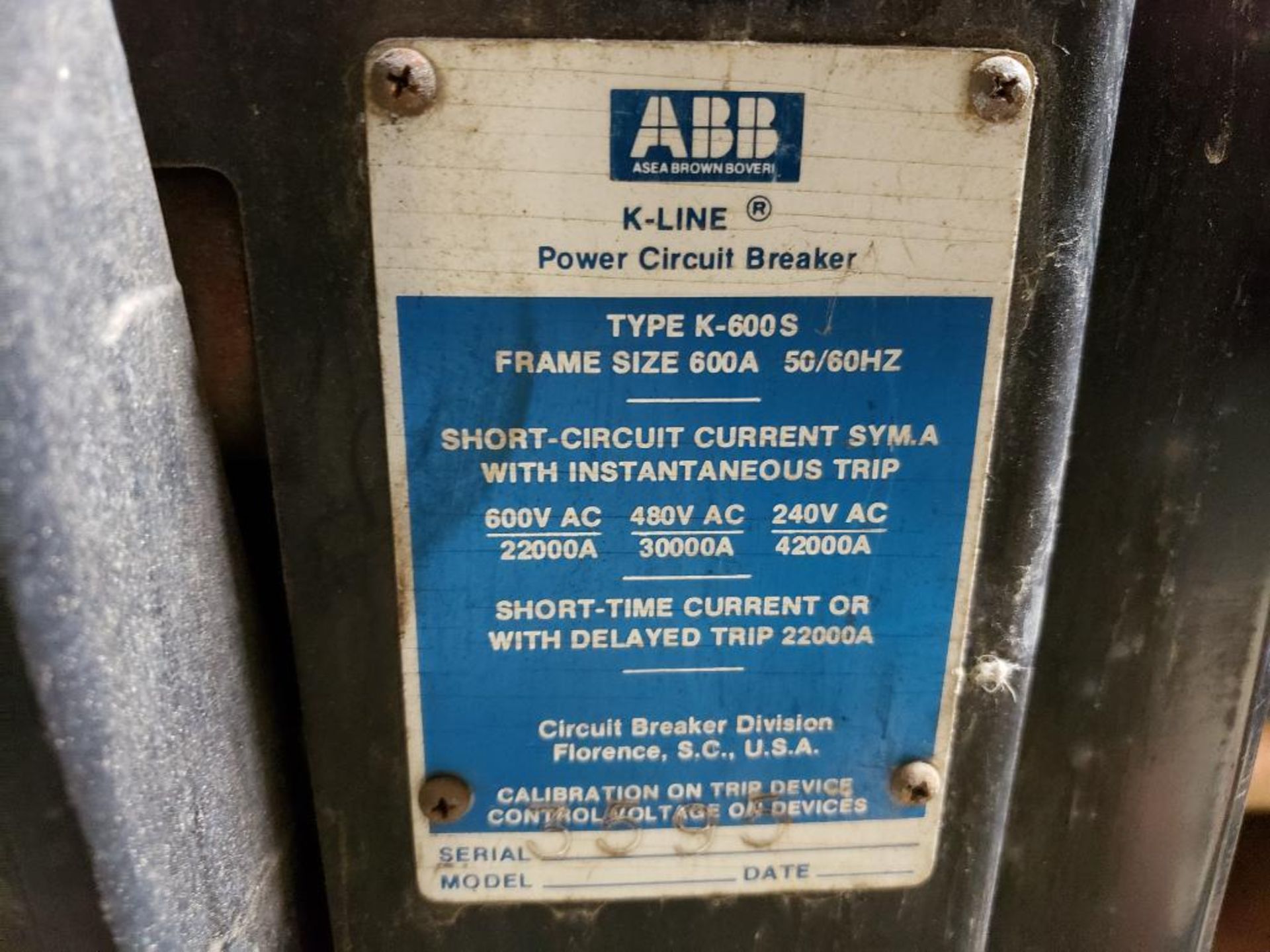 600 amp ABB power circuit breaker. Type K600S. - Image 2 of 7