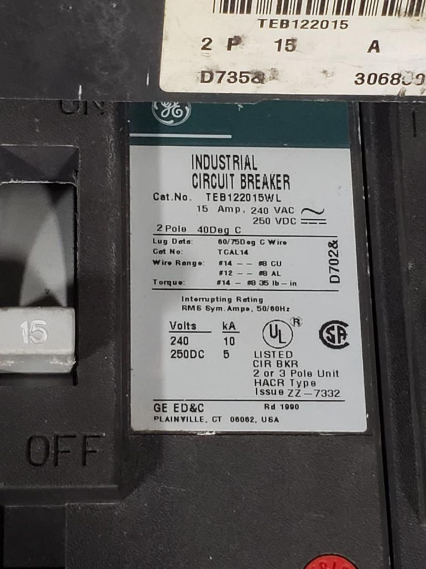 Qty 7 - GE molded case circuit breaker. Catalog TEB122015WL. - Image 2 of 2