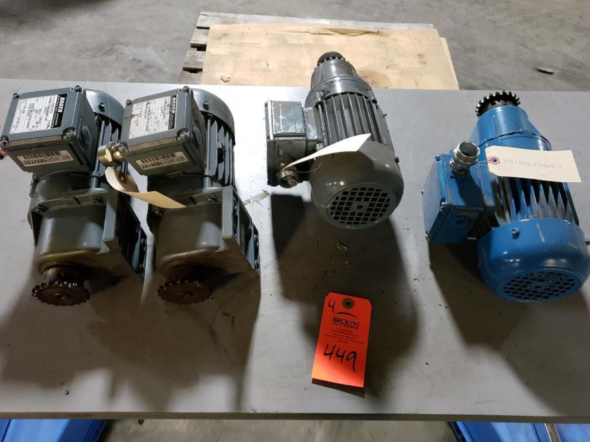 Qty 3 - Bauer gear motors. Type BG06-11/D06LA4/AMUL and BG06-11/D06LA4/AM.